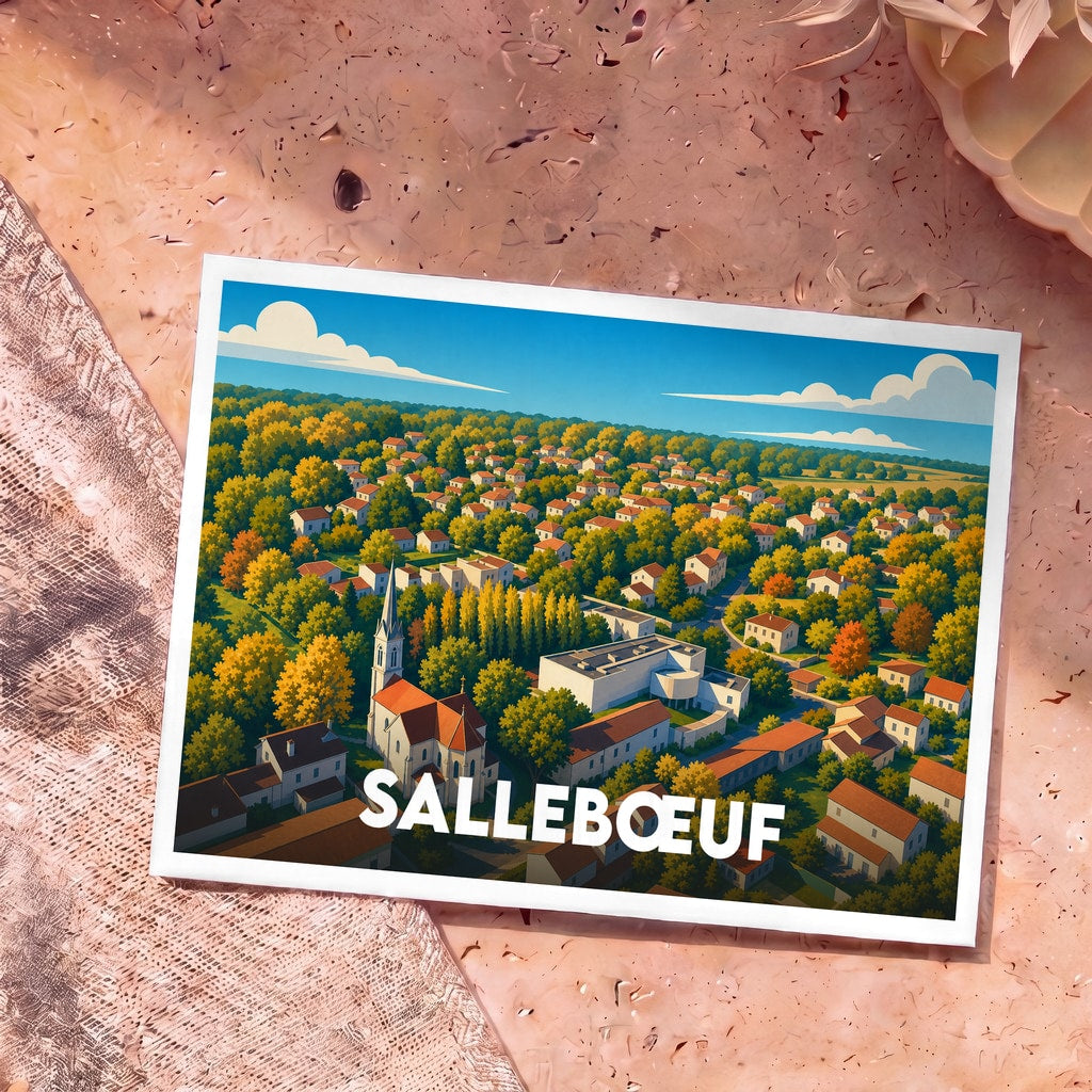 Carte postale souvenir de la ville de Sallebœuf avec une illustration stylisée et colorée vue du ciel.