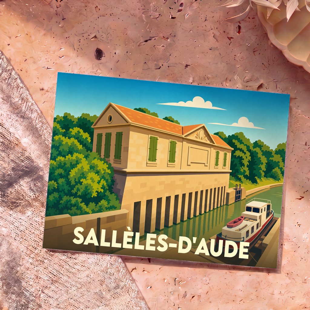 Carte postale souvenir de la ville de Sallèles-d'Aude avec une illustration stylisée du canal et de ses écluses.