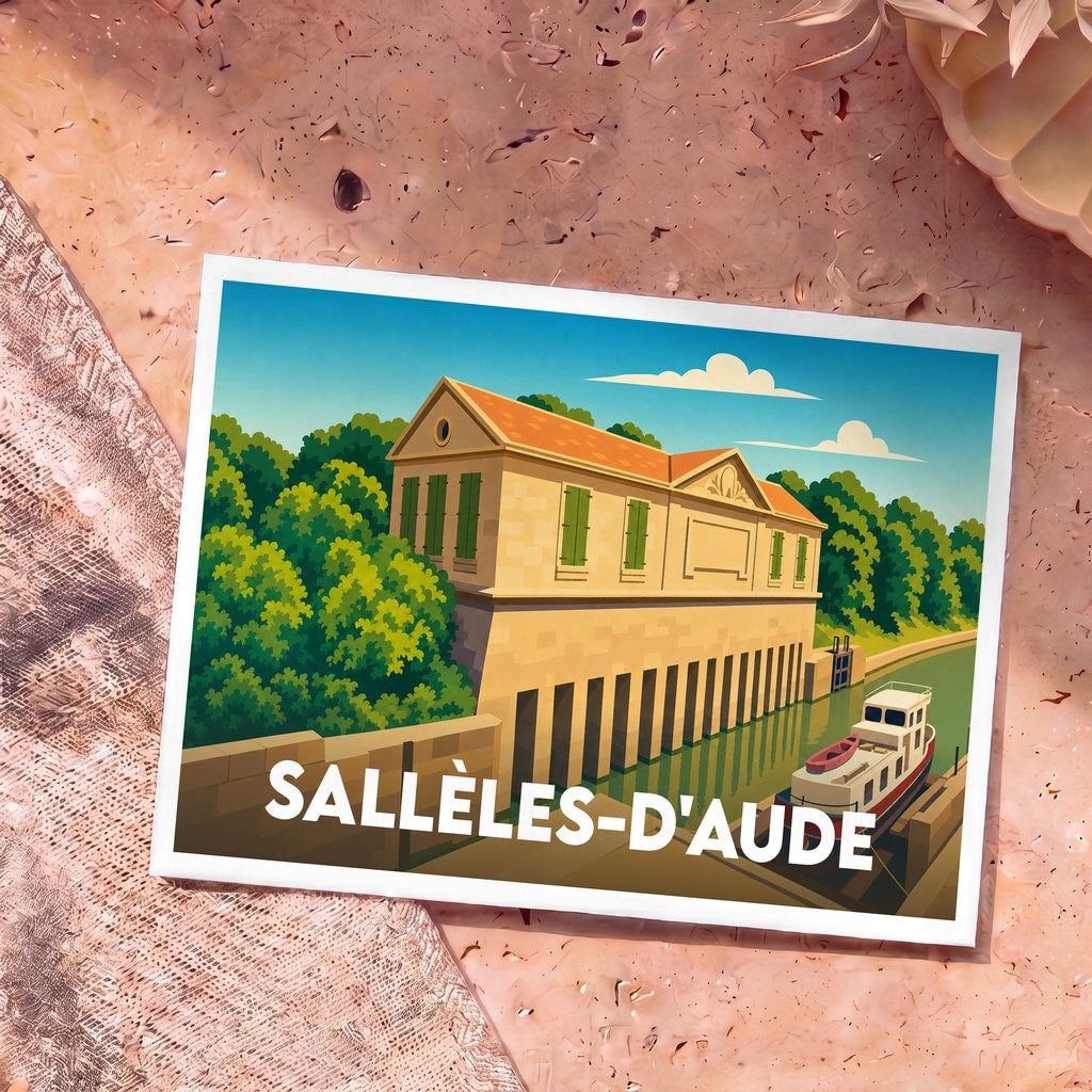 Carte postale souvenir de la ville de Sallèles-d'Aude avec une illustration stylisée du canal et de ses écluses.