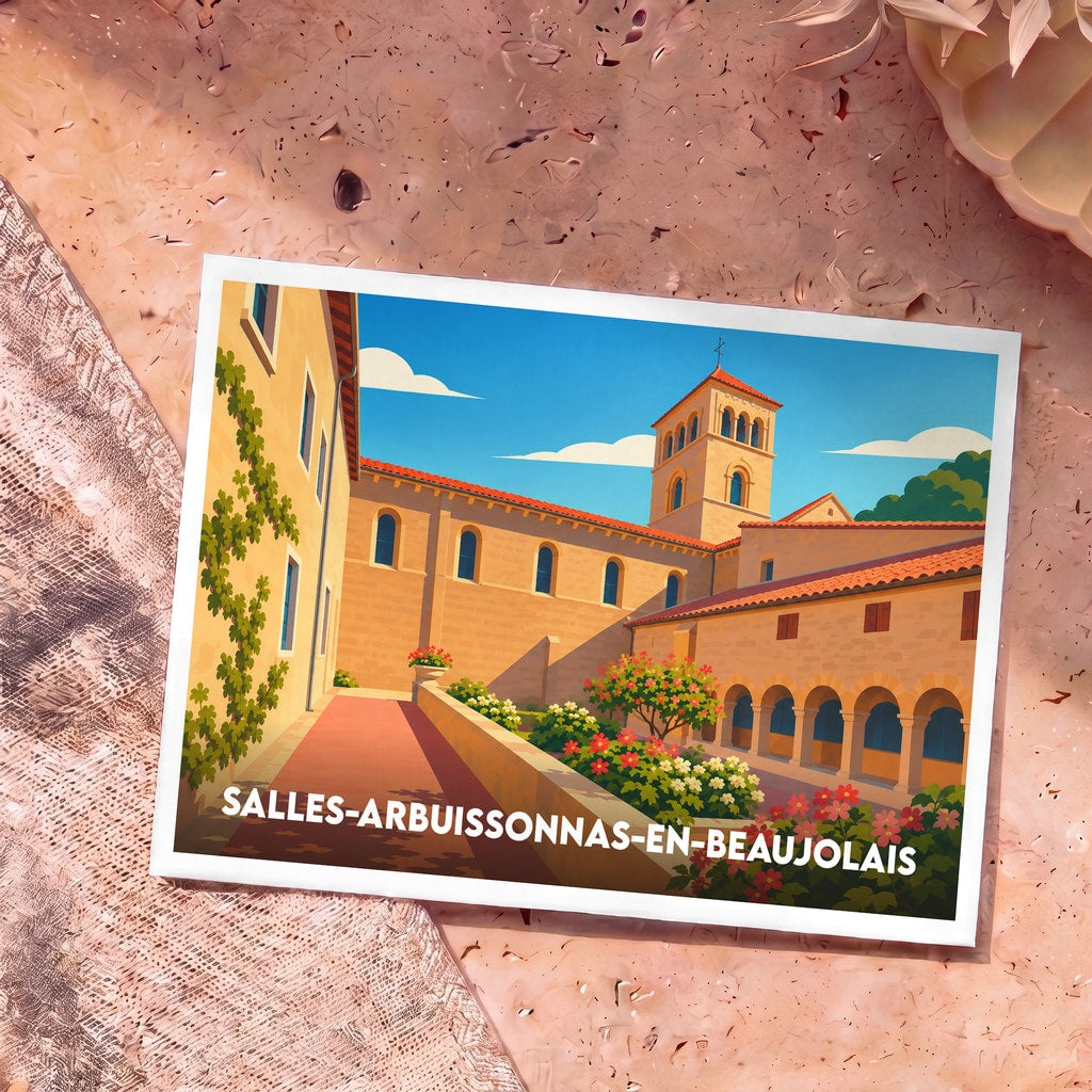Carte postale souvenir de Salles-Arbuissonnas-en-Beaujolais avec une illustration stylisée de son cloître.