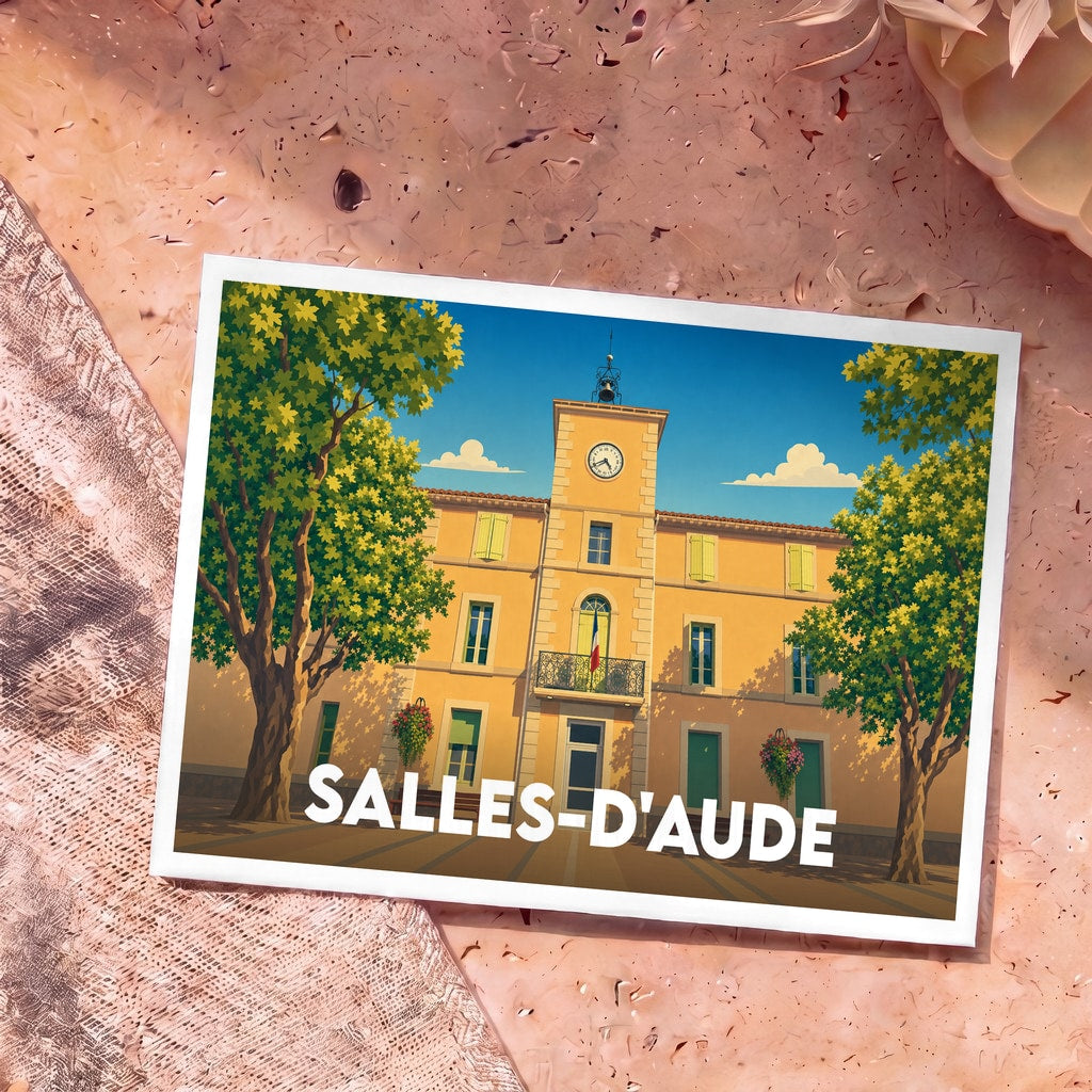 Carte postale souvenir de la ville de Salles-d'Aude avec une illustration stylisée de la mairie.