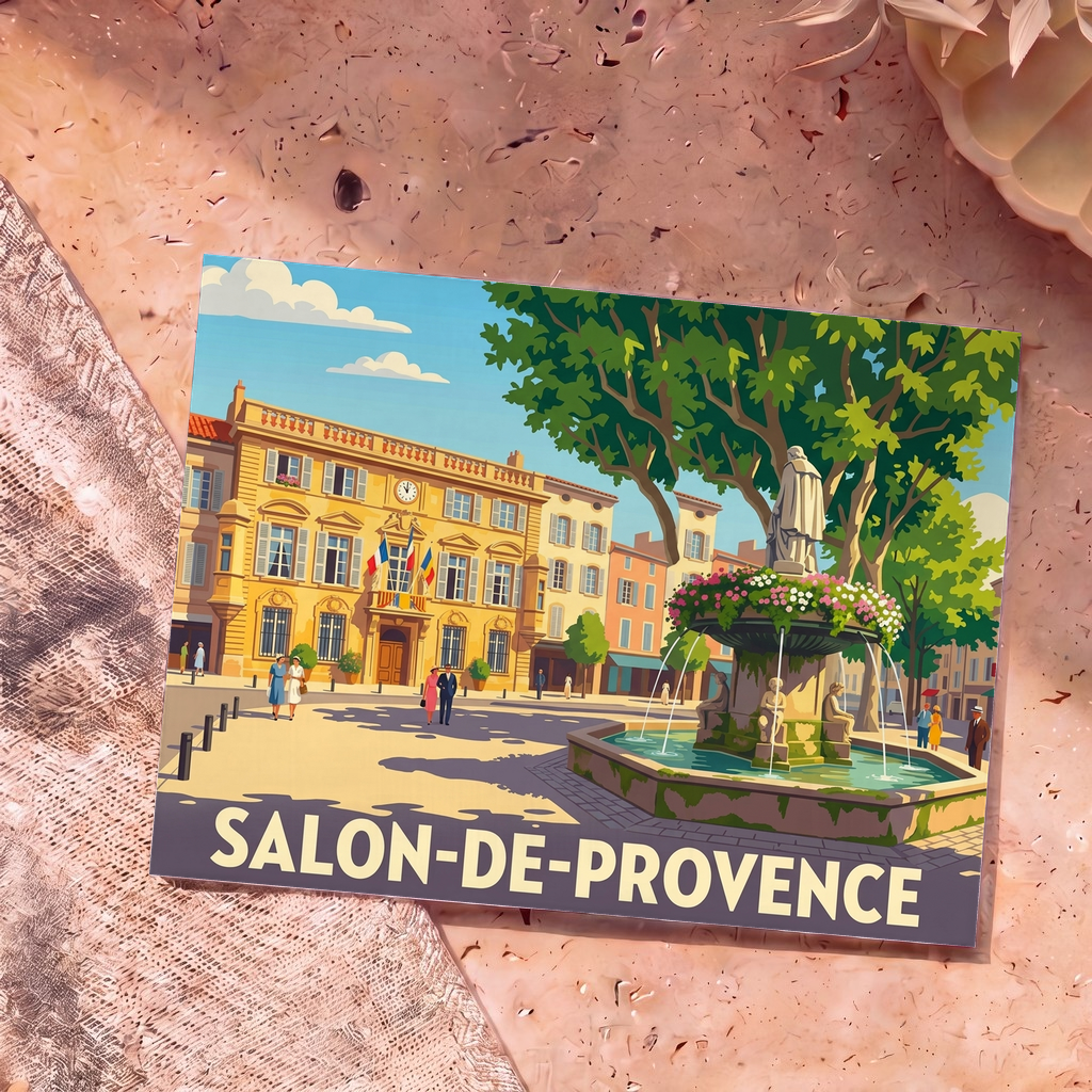 Carte postale souvenir de la ville de Salon-de-Provence avec une illustration stylisée de sa place principale et de sa fontaine.