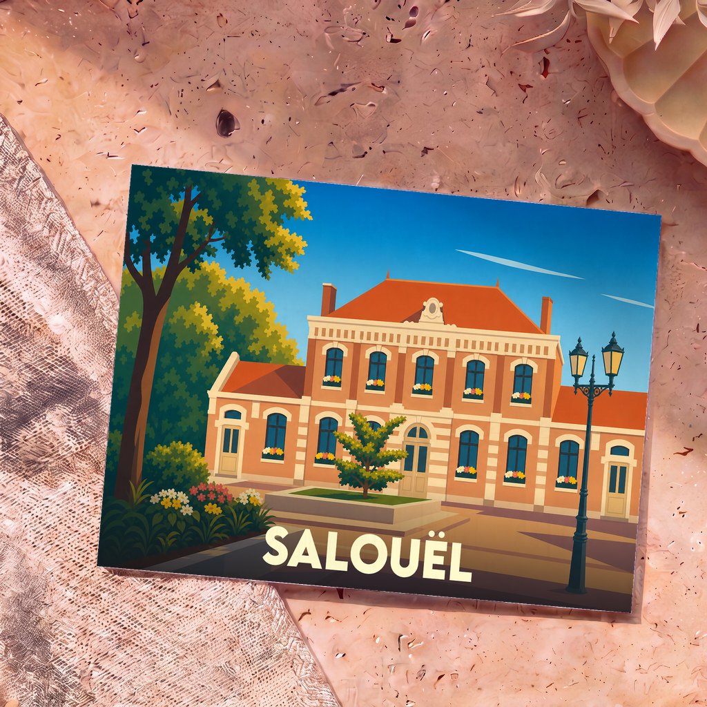 Carte postale souvenir de la ville de Salouël avec une illustration stylisée de son hôtel de ville.