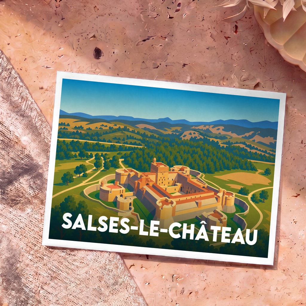 Carte postale souvenir de Salses-le-Château avec une illustration stylisée de sa célèbre forteresse.