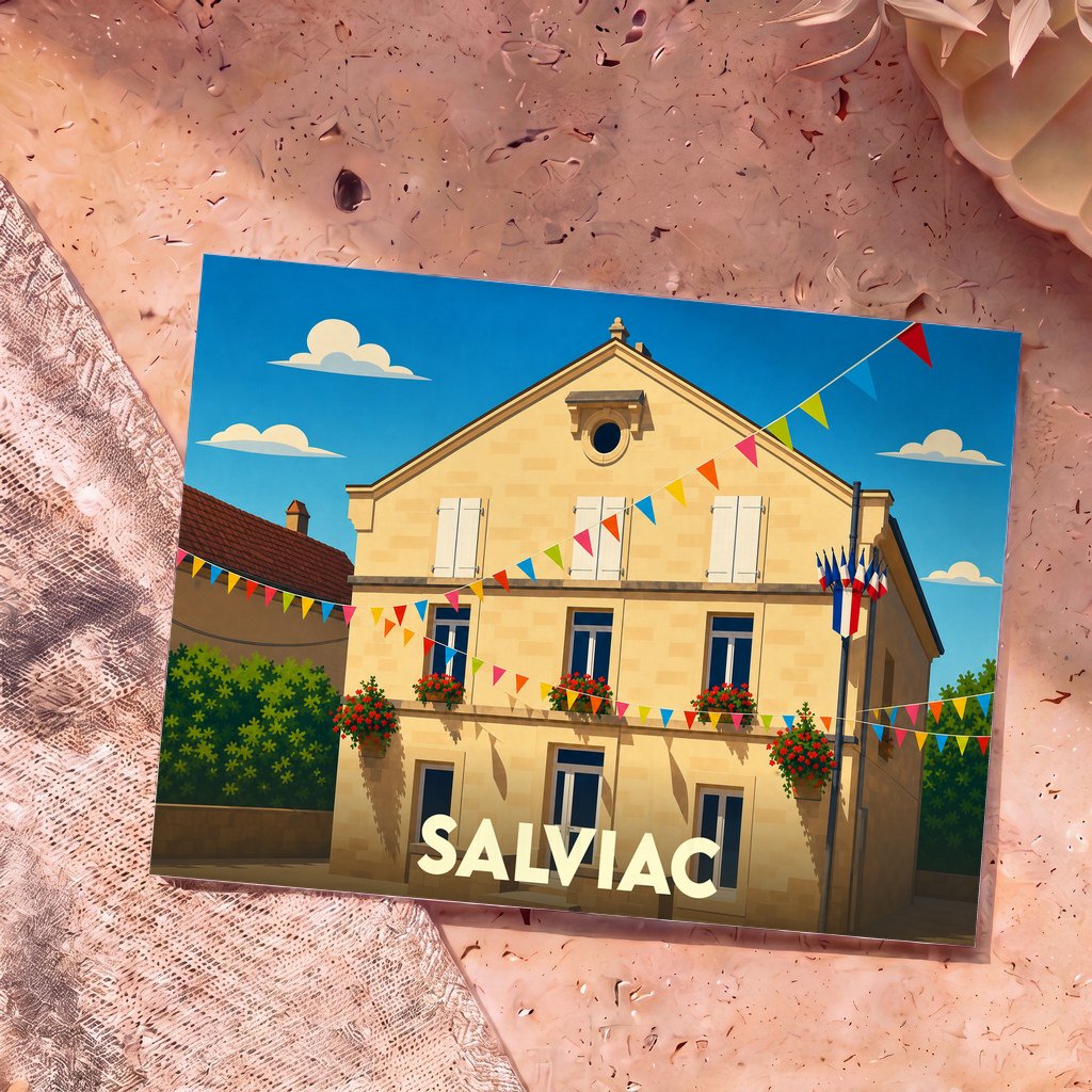 Carte postale souvenir de la ville de Salviac illustrée d'une bâtisse typique ornée de drapeaux festifs.