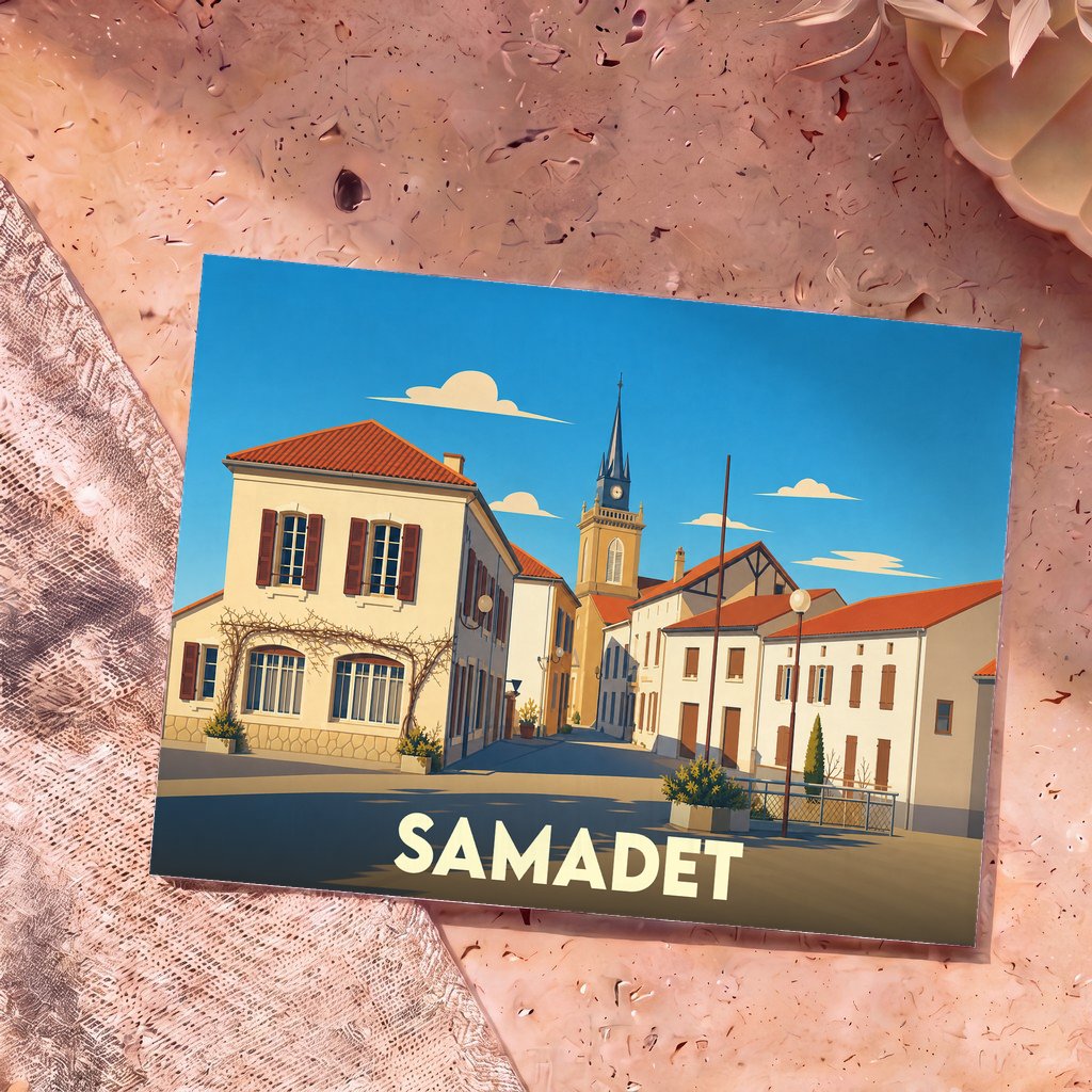 Carte postale souvenir de la ville de Samadet avec une illustration stylisée de son centre historique.