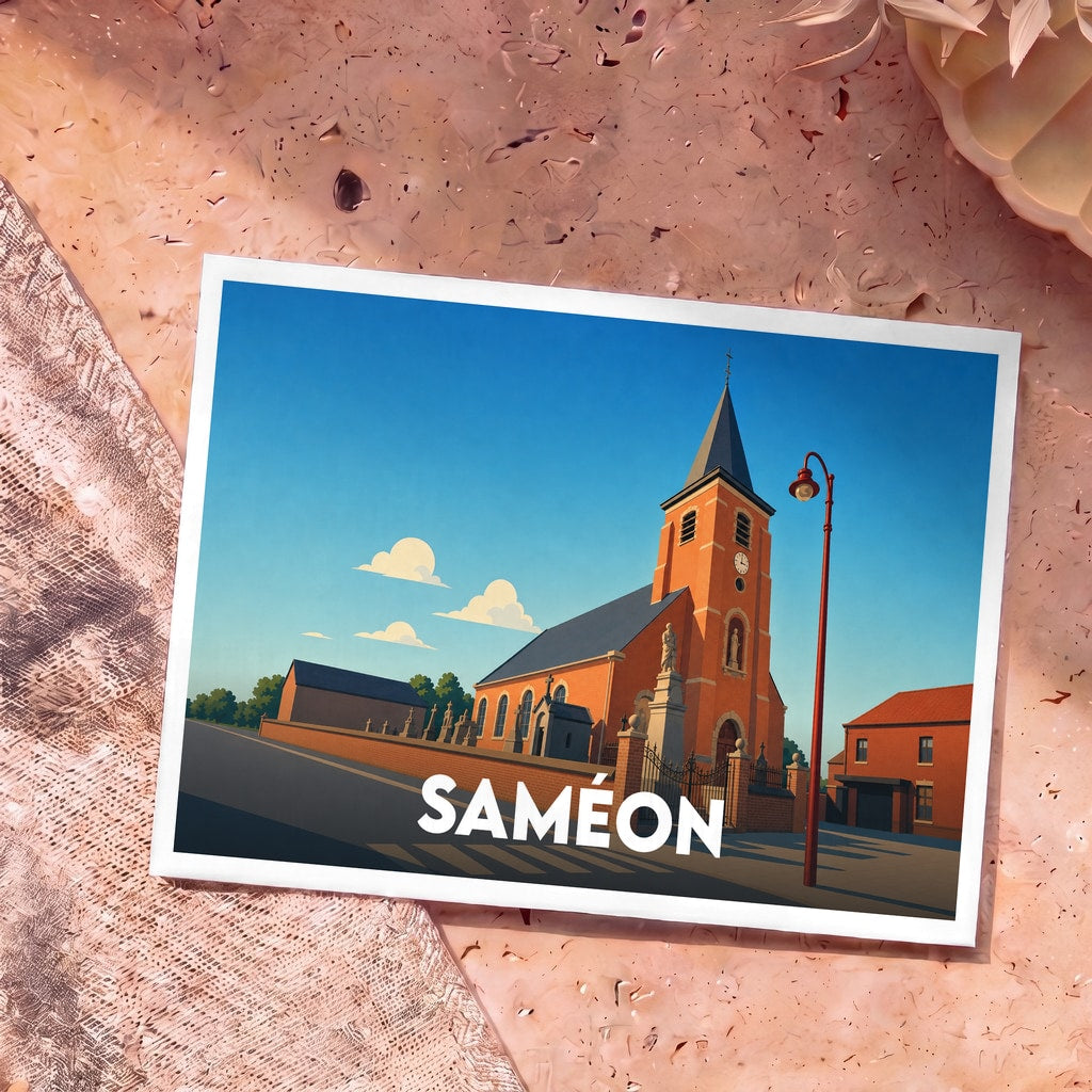 Carte postale souvenir de la ville de Saméon présentant une illustration stylisée de son église en briques sous un ciel bleu.