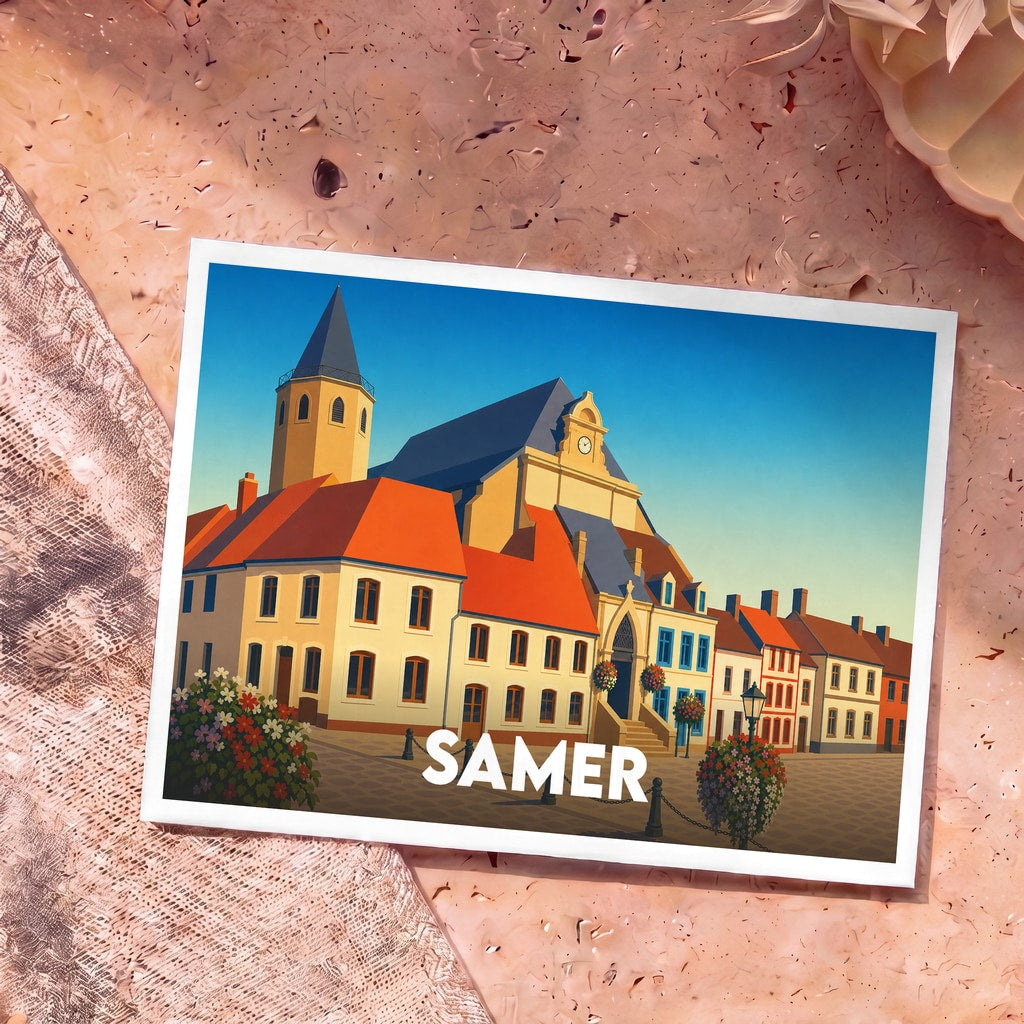 Carte postale souvenir de la ville de Samer avec une illustration stylisée de son architecture traditionnelle.