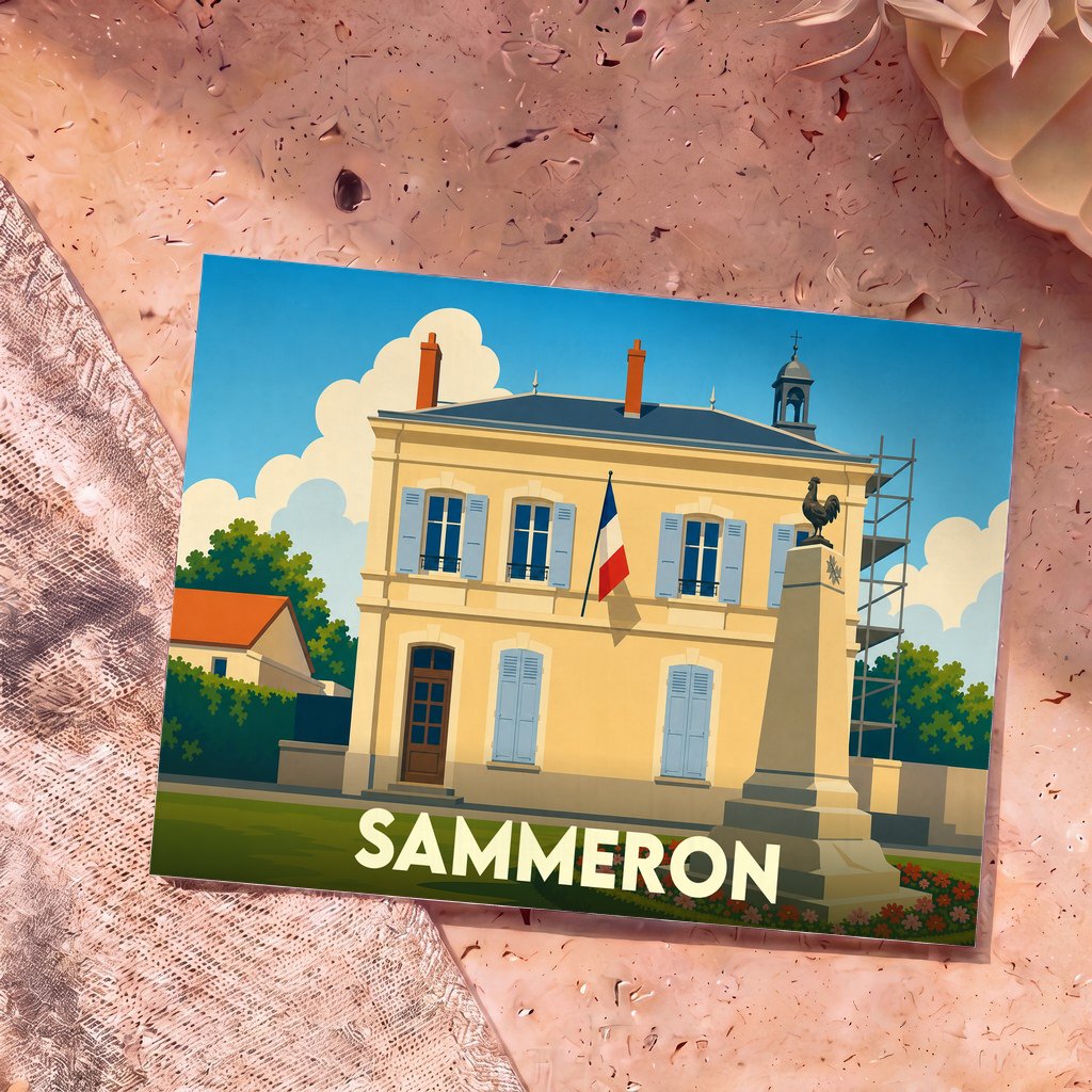 Carte postale souvenir de la ville de Sammeron avec une illustration stylisée de sa mairie et de son monument.