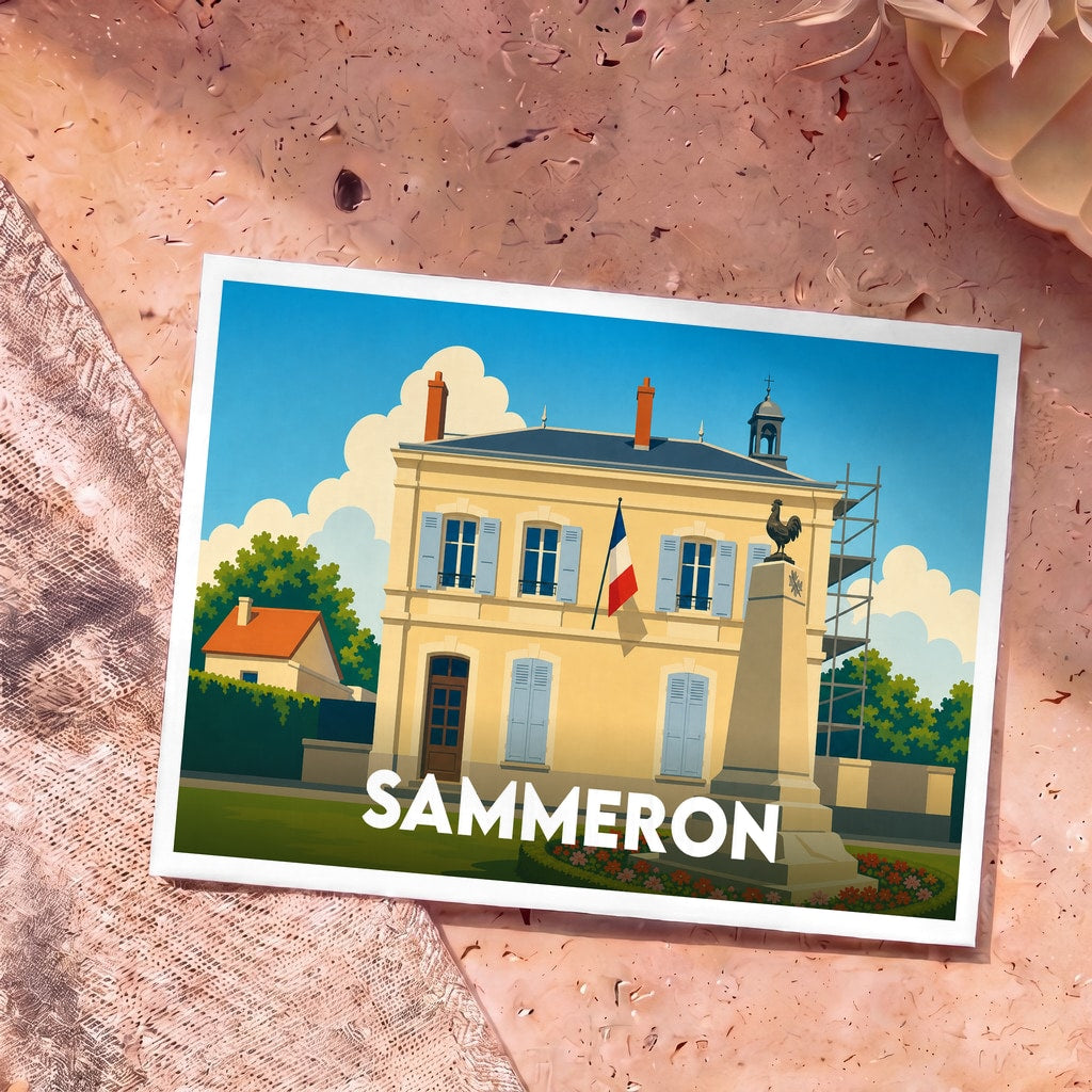 Carte postale souvenir de la ville de Sammeron avec une illustration stylisée de sa mairie et de son monument.