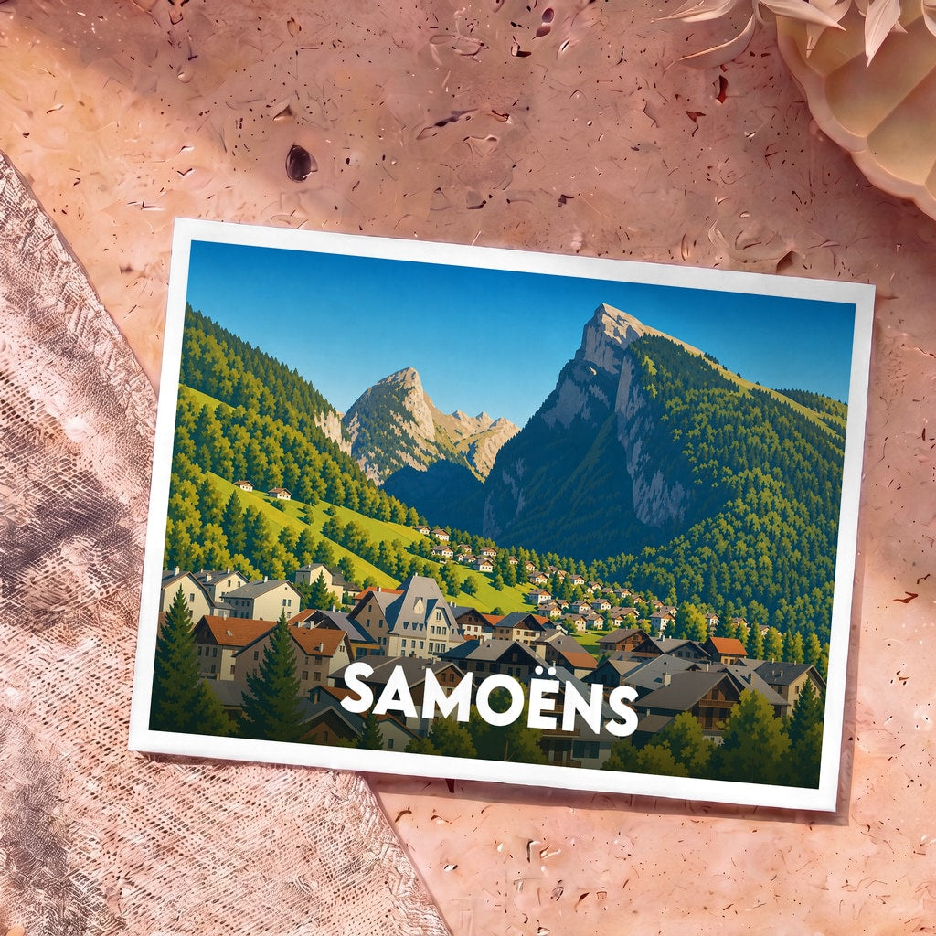 Carte postale souvenir de la ville de Samoëns illustrant un village de montagne pittoresque au pied des Alpes.