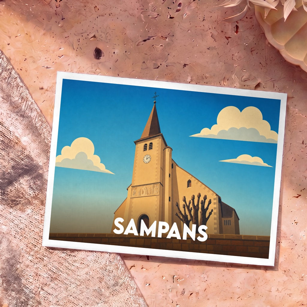 Carte postale souvenir de la ville de Sampans avec une illustration stylisée de son église.