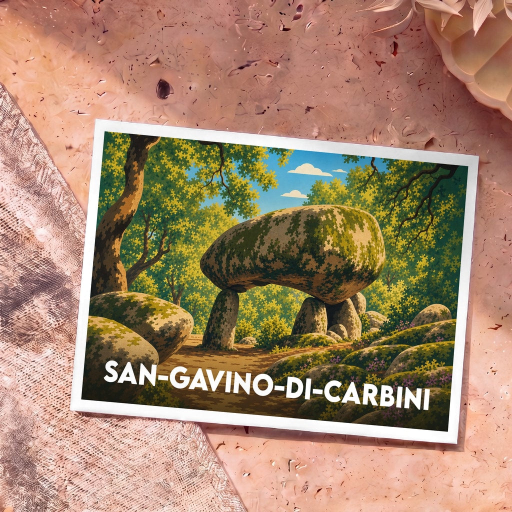 Carte postale souvenir de la ville de San-Gavino-di-Carbini avec une illustration stylisée d'un dolmen dans une forêt.