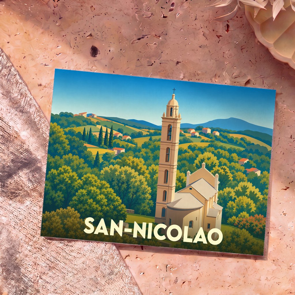 Carte postale souvenir de la ville de San-Nicolao avec une illustration stylisée d'une église et de collines verdoyantes.