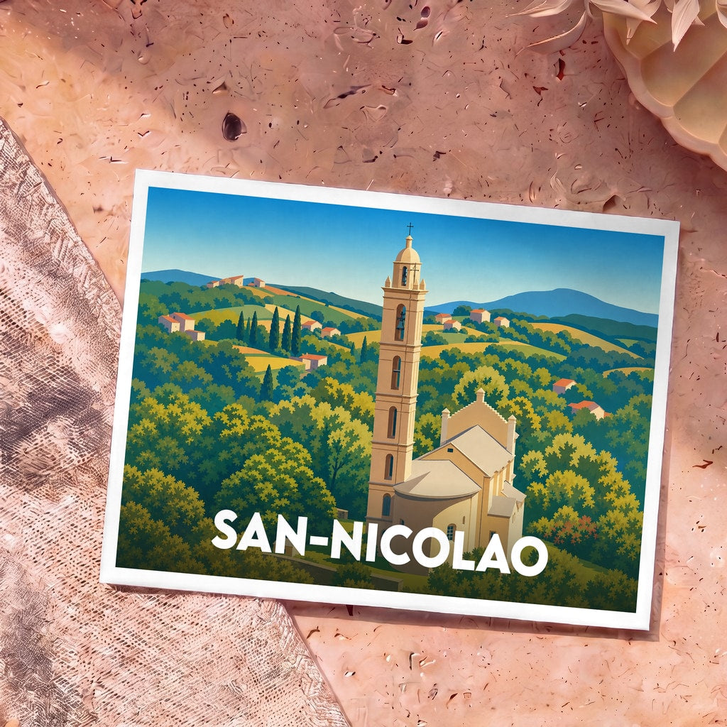 Carte postale souvenir de la ville de San-Nicolao avec une illustration stylisée d'une église et de collines verdoyantes.