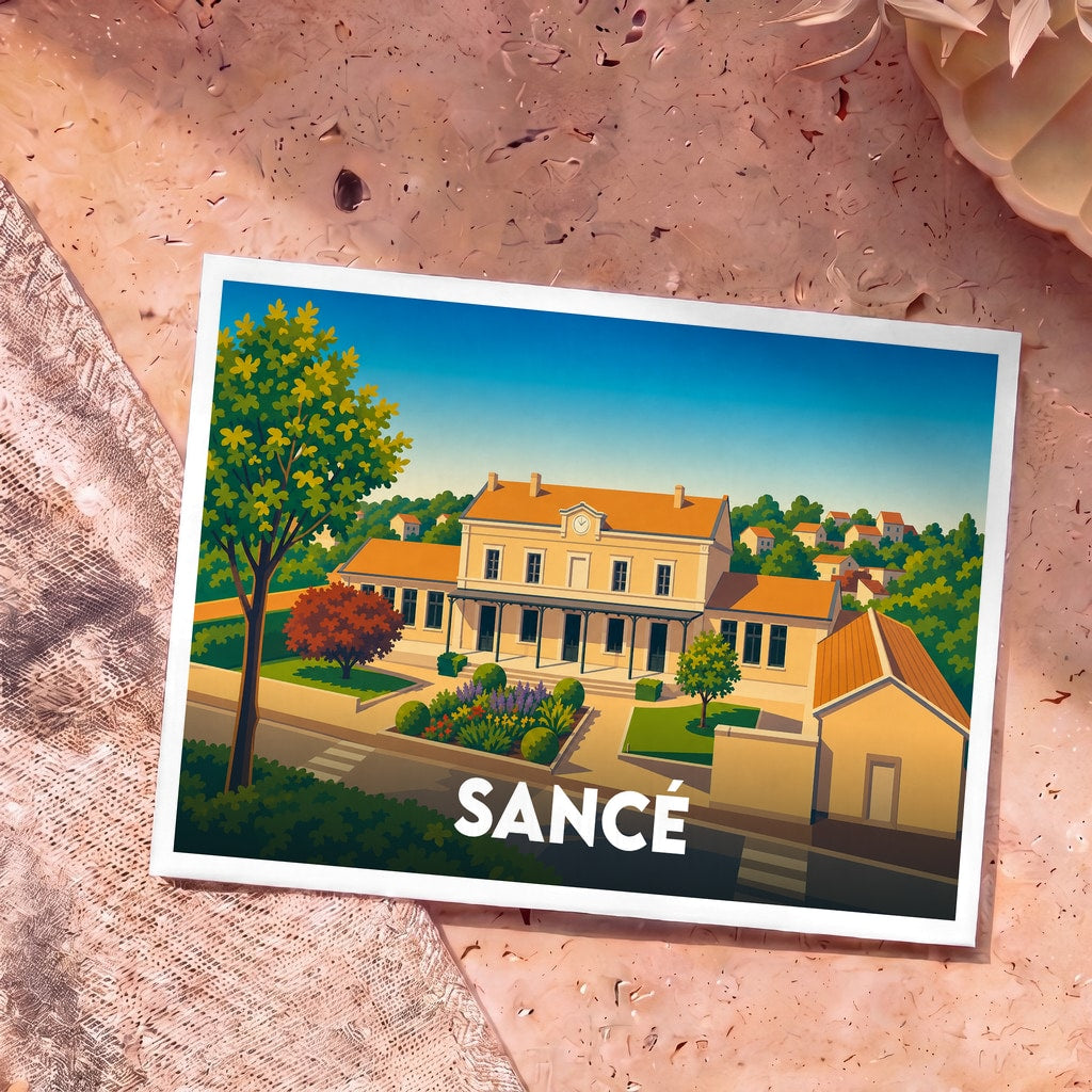 Carte postale souvenir de la ville de Sancé illustrant la mairie et son jardin dans un style graphique épuré.