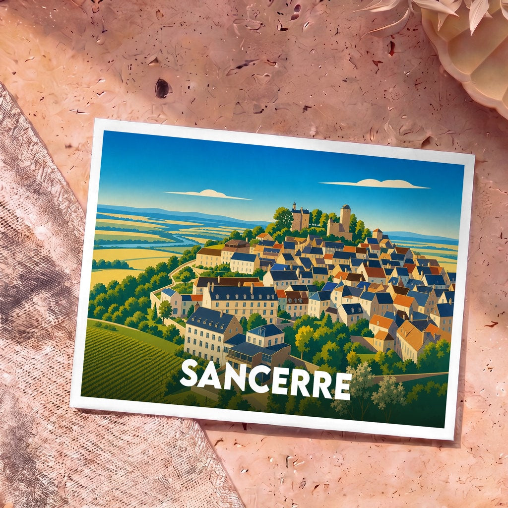 Carte postale souvenir de la ville de Sancerre avec une illustration stylisée montrant le village et son château sur une colline.