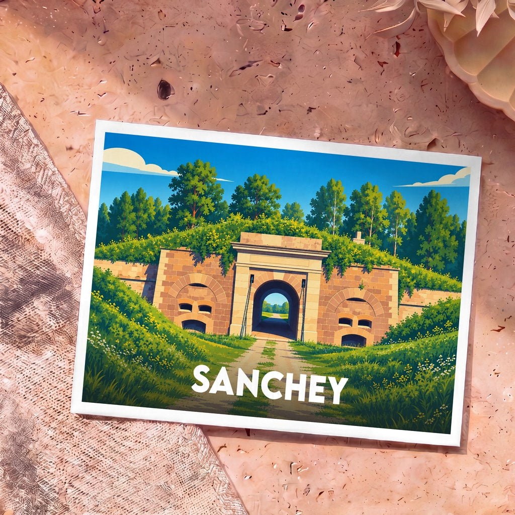Carte postale souvenir de la ville de Sanchey avec une illustration stylisée de son fort militaire.