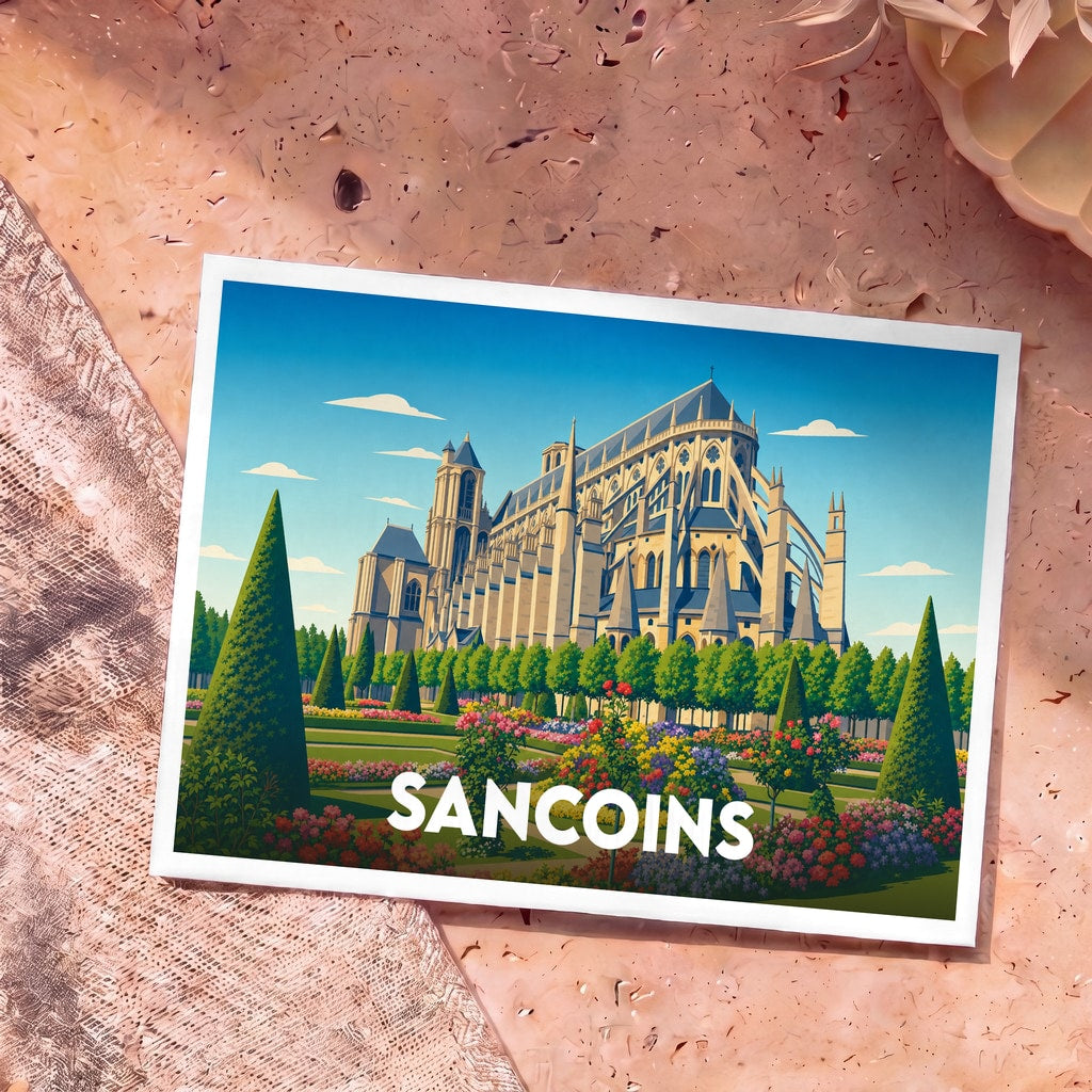Carte postale souvenir de la ville de Sancoins avec une illustration stylisée d'une cathédrale et de ses jardins.