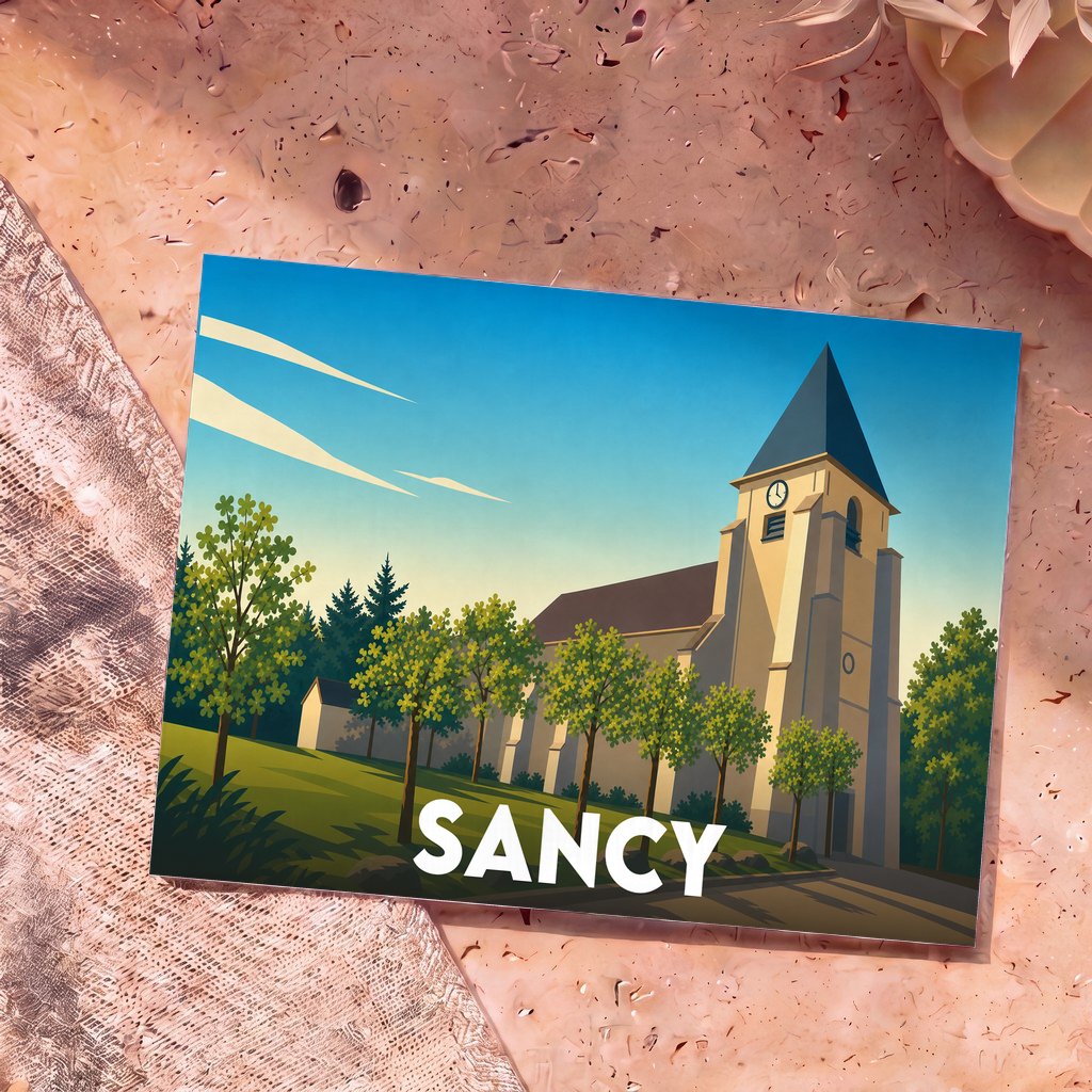 Carte postale souvenir de la ville de Sancy illustrant son église dans un style graphique épuré.
