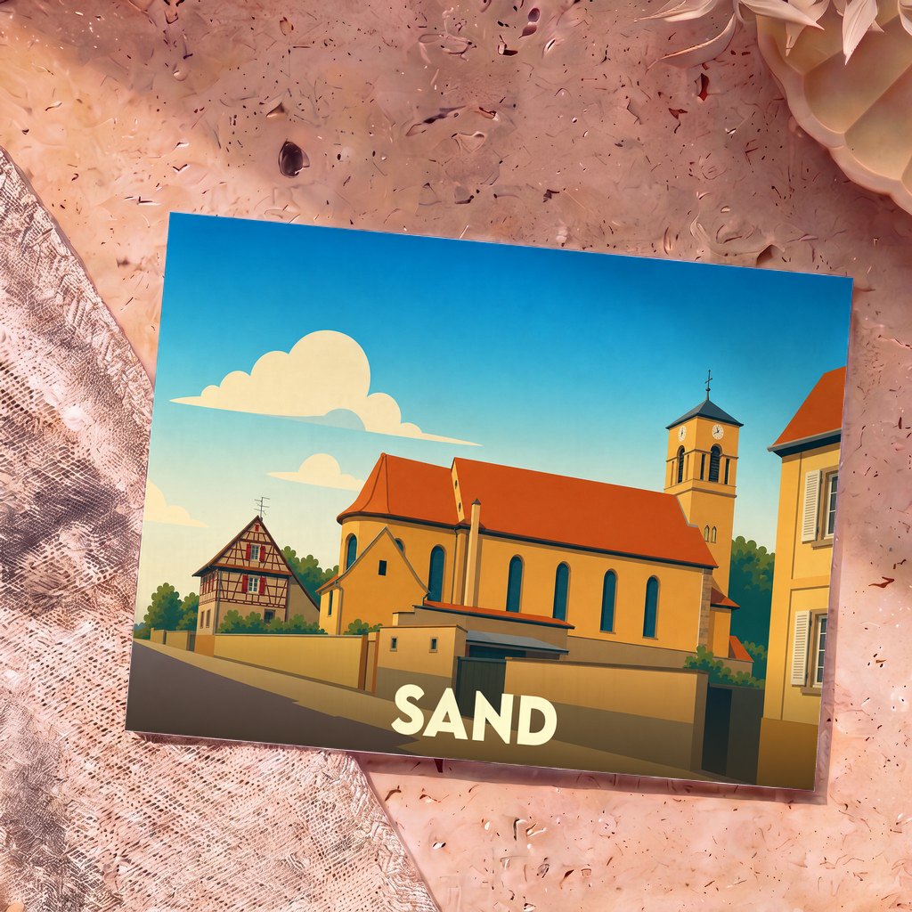 Carte postale souvenir de la ville de Sand avec une illustration stylisée de son église et de ses maisons à colombages.