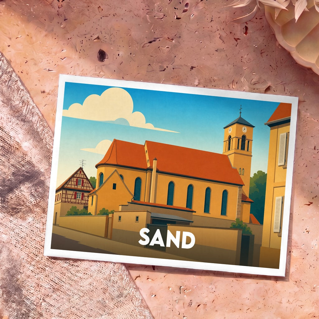 Carte postale souvenir de la ville de Sand avec une illustration stylisée de son église et de ses maisons à colombages.