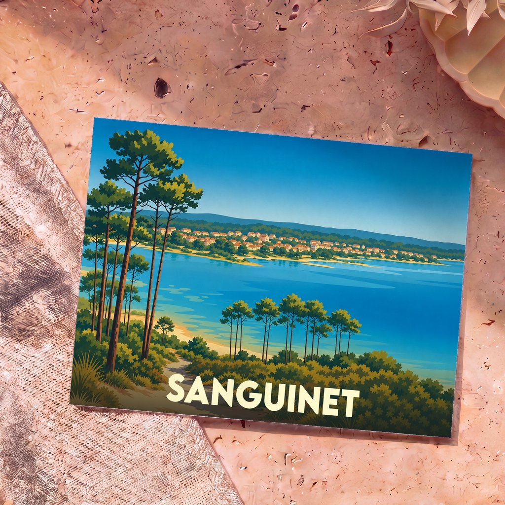 Carte postale souvenir de la ville de Sanguinet avec une illustration stylisée de son lac bordé de pins.