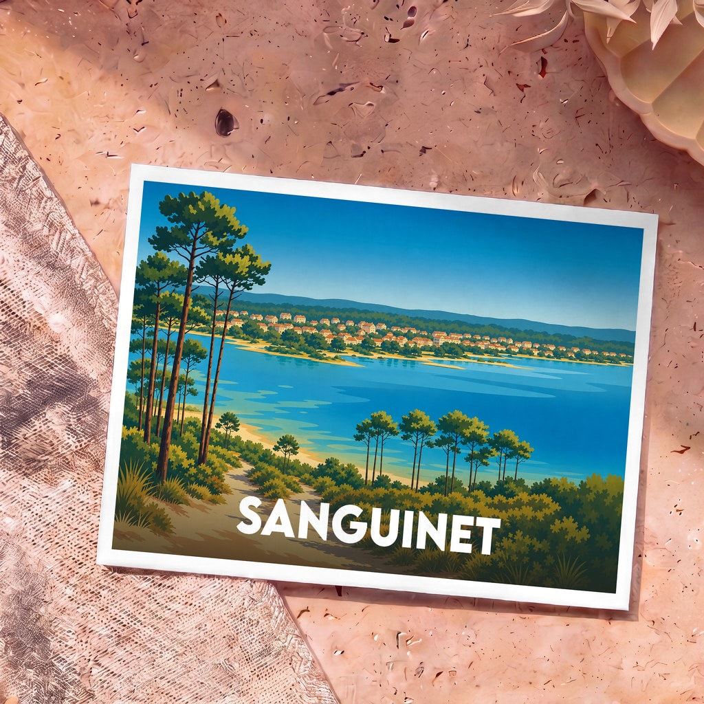 Carte postale souvenir de la ville de Sanguinet avec une illustration stylisée de son lac bordé de pins.