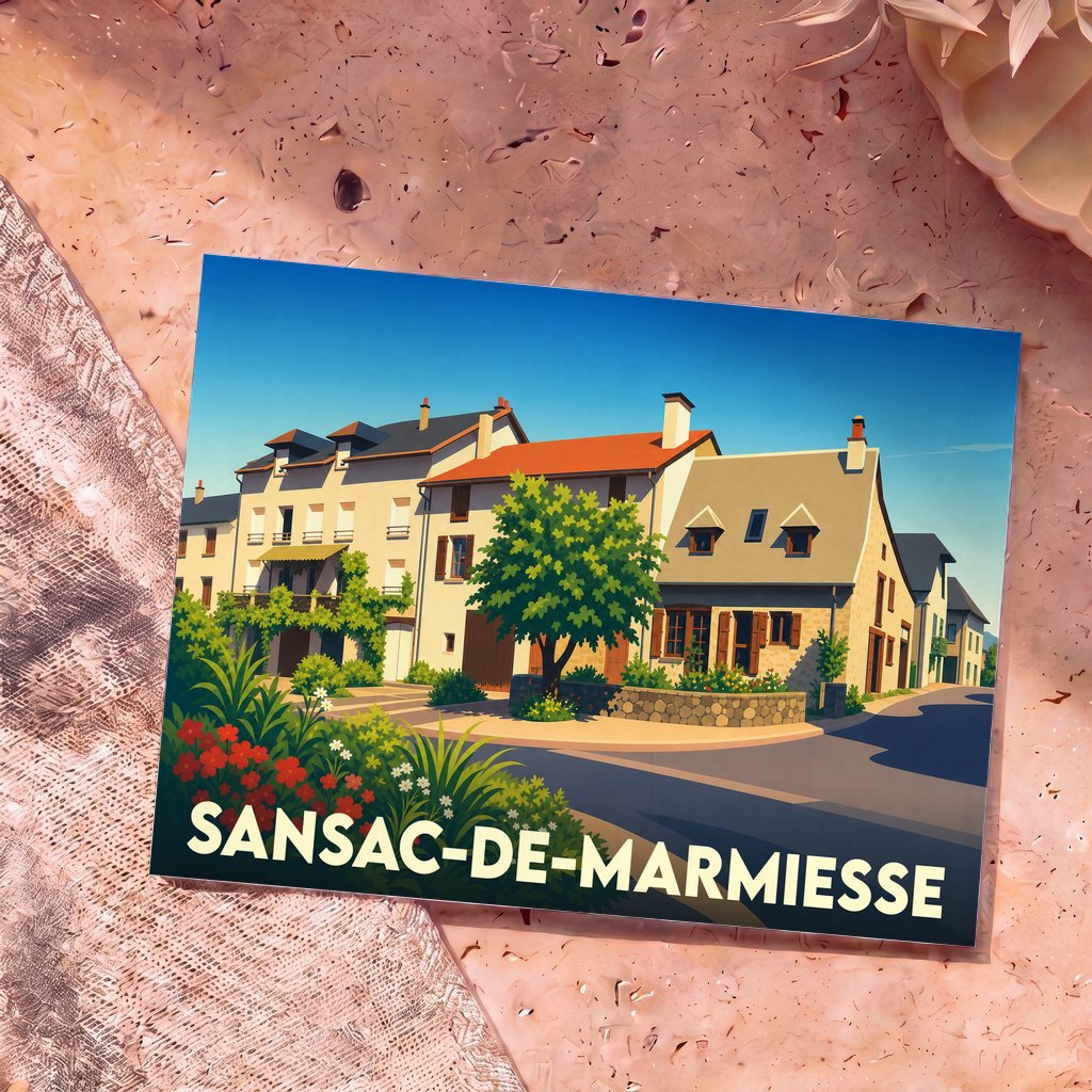 Carte postale souvenir de Sansac-de-Marmiesse présentant une illustration colorée et stylisée de ses maisons de village.