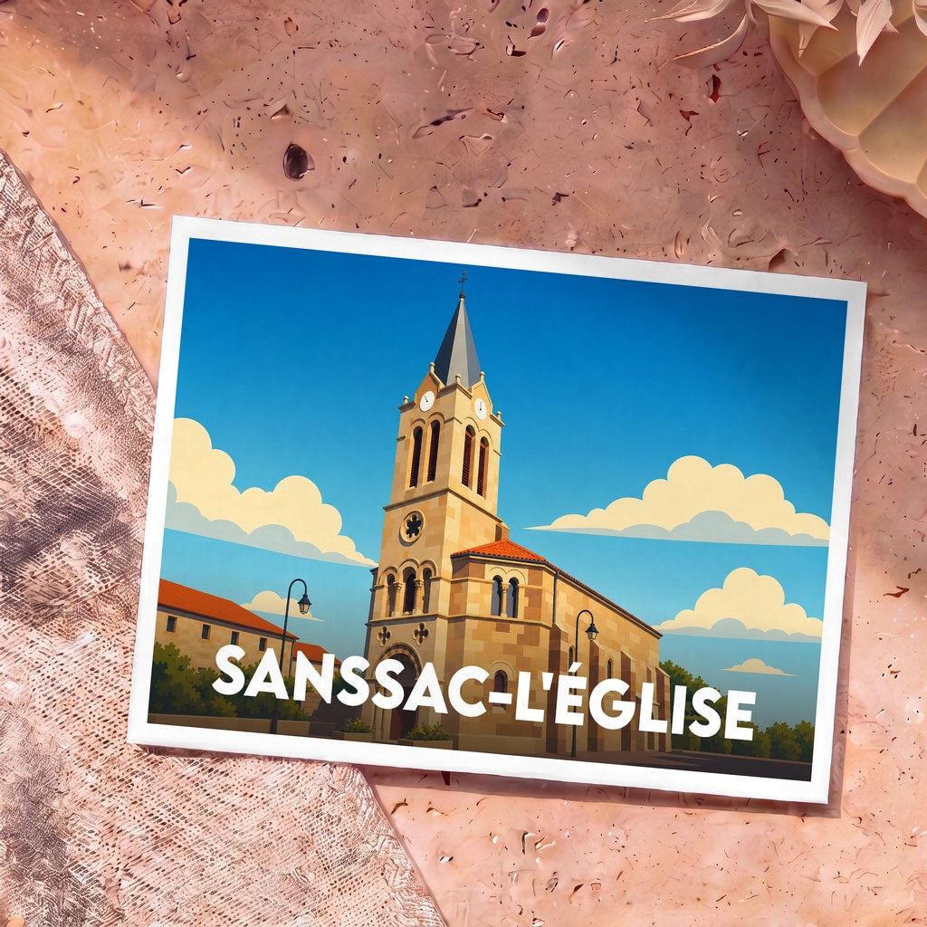 Carte postale souvenir de la ville de Sanssac-l'Église avec une illustration stylisée de son église sous un ciel bleu.