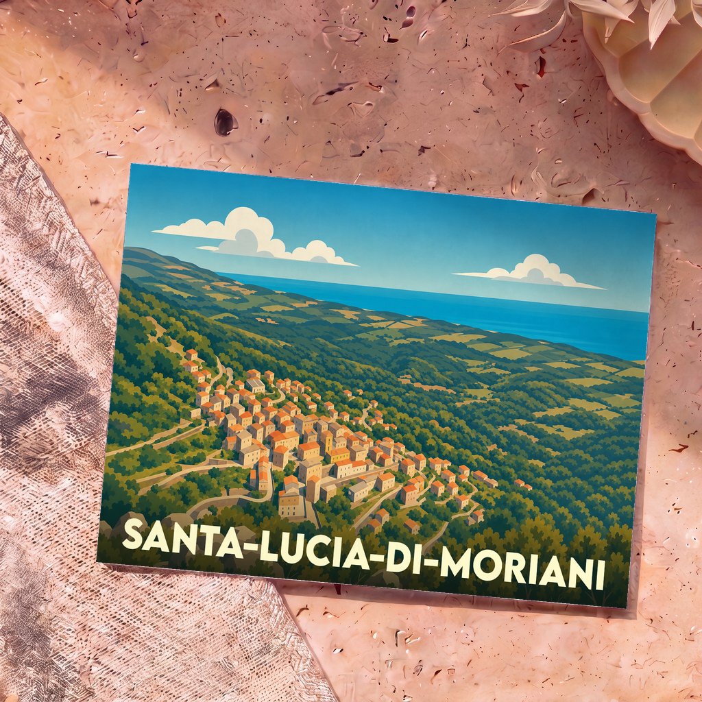 Carte postale souvenir de Santa-Lucia-di-Moriani illustrant le village à flanc de colline face à la mer.