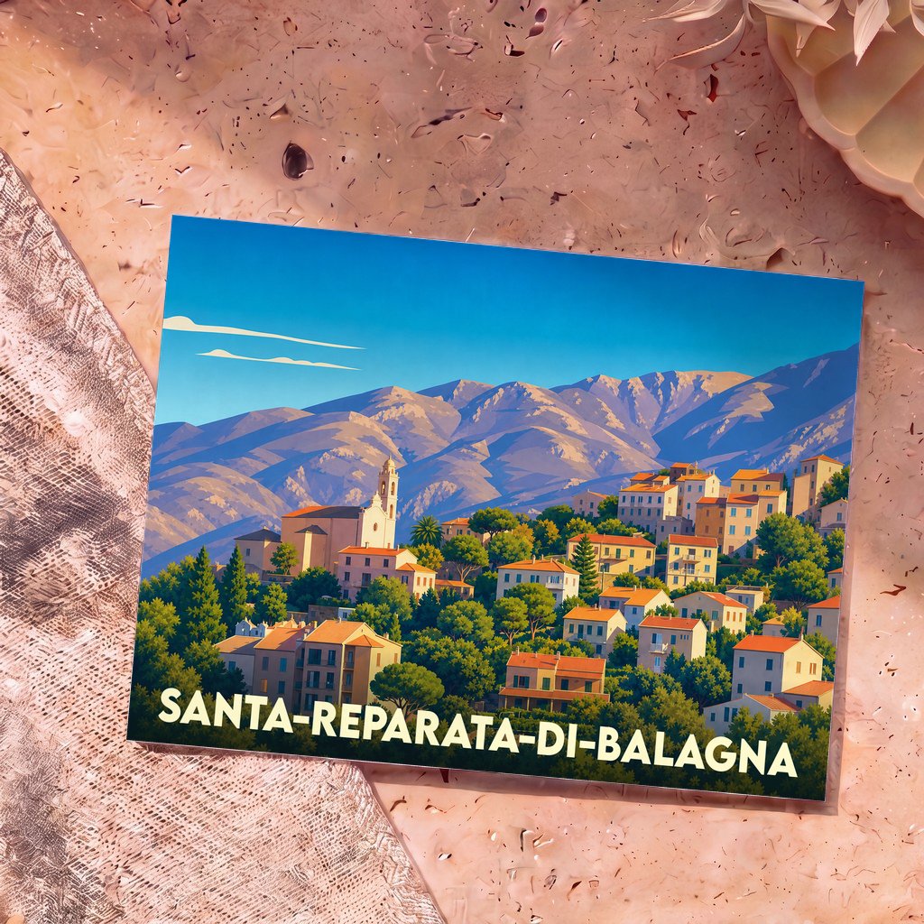 Carte postale souvenir de Santa-Reparata-di-Balagna illustrant le village corse niché à flanc de montagne.