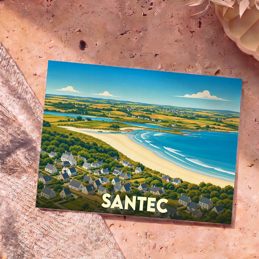 Carte postale souvenir de la ville de Santec avec une illustration stylisée d'un paysage côtier breton.