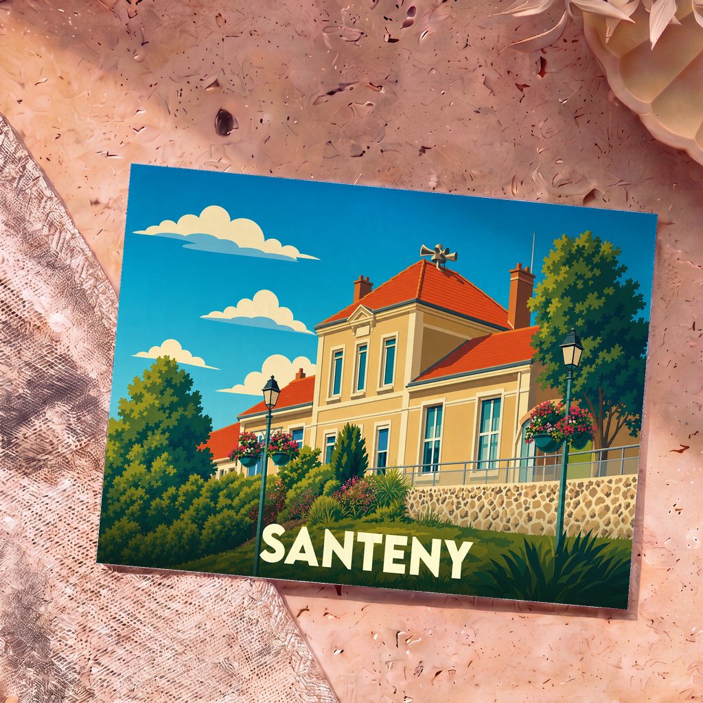 Carte postale souvenir de la ville de Santeny avec une illustration stylisée de sa mairie sous un ciel bleu.