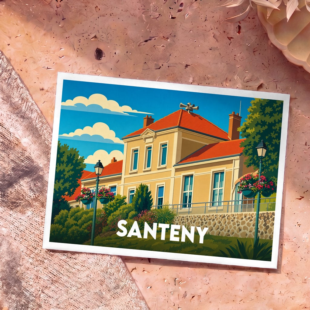 Carte postale souvenir de la ville de Santeny avec une illustration stylisée de sa mairie sous un ciel bleu.