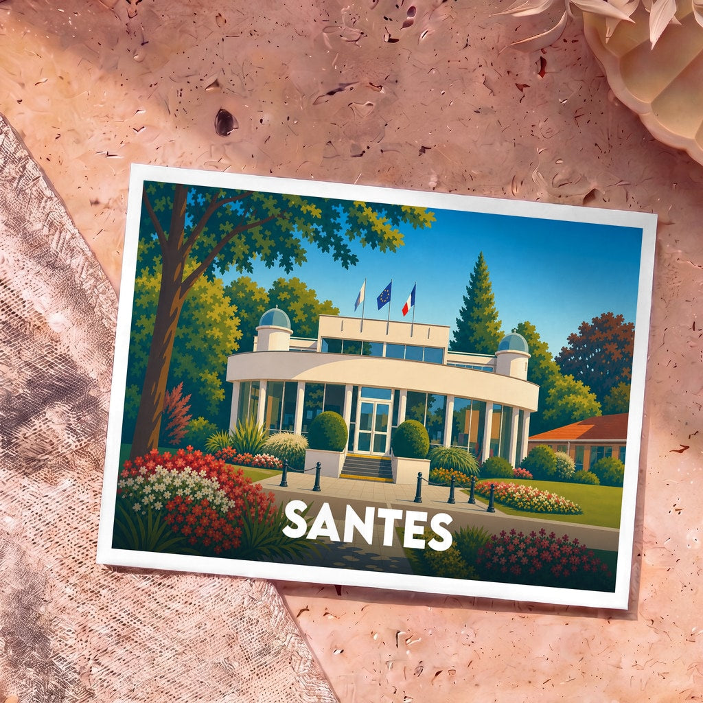 Carte postale souvenir de la ville de Santes illustrant l'hôtel de ville dans un style graphique épuré et coloré.