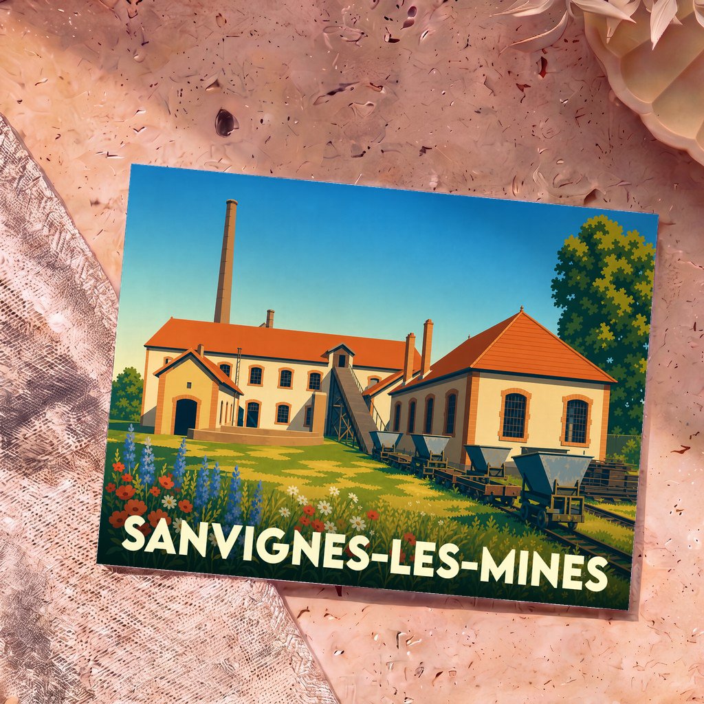 Carte postale souvenir de la ville de Sanvignes-les-Mines avec une illustration stylisée de ses anciens bâtiments miniers.