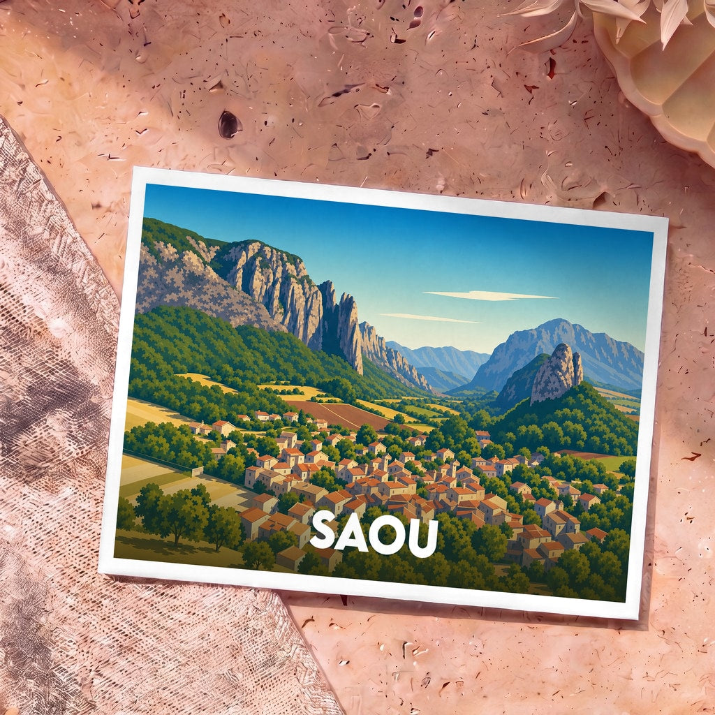 Carte postale souvenir de la ville de Saou avec une illustration stylisée de son village et de ses montagnes.