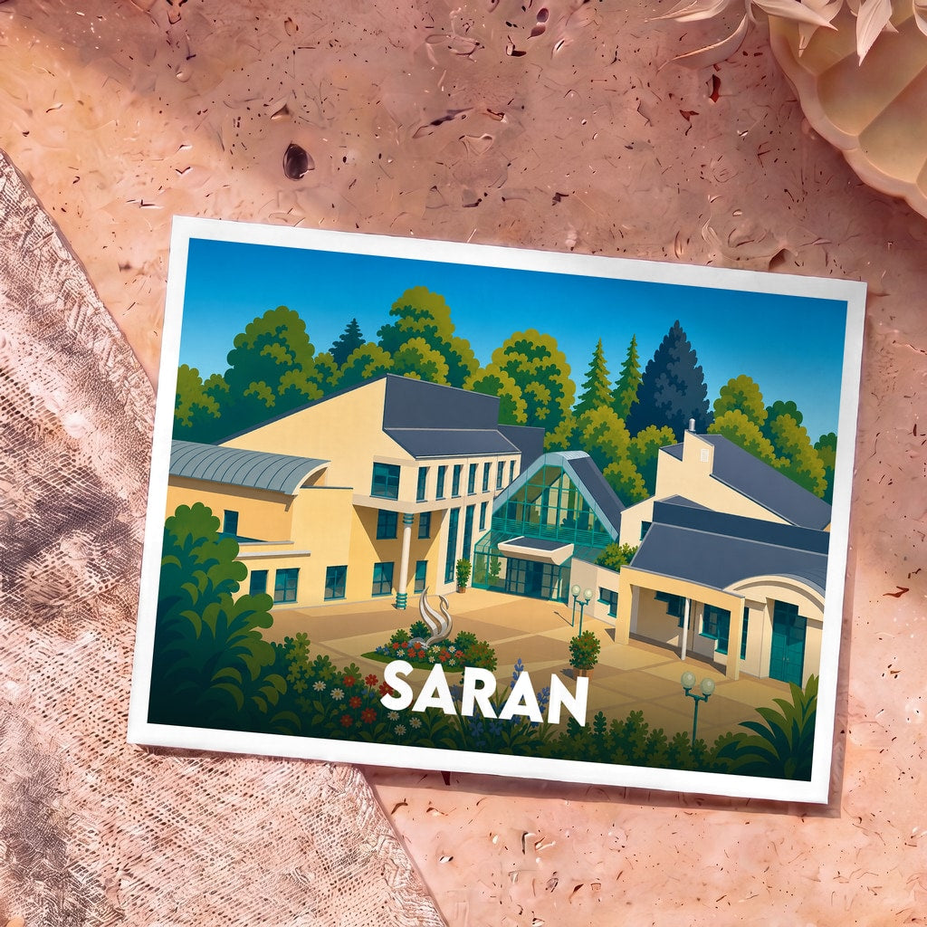 Carte postale souvenir de la ville de Saran avec une illustration stylisée de son architecture moderne et boisée.