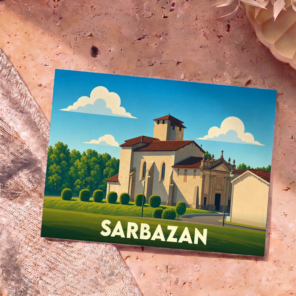 Carte postale souvenir de la ville de Sarbazan avec une illustration stylisée de son église fortifiée sous un ciel bleu.