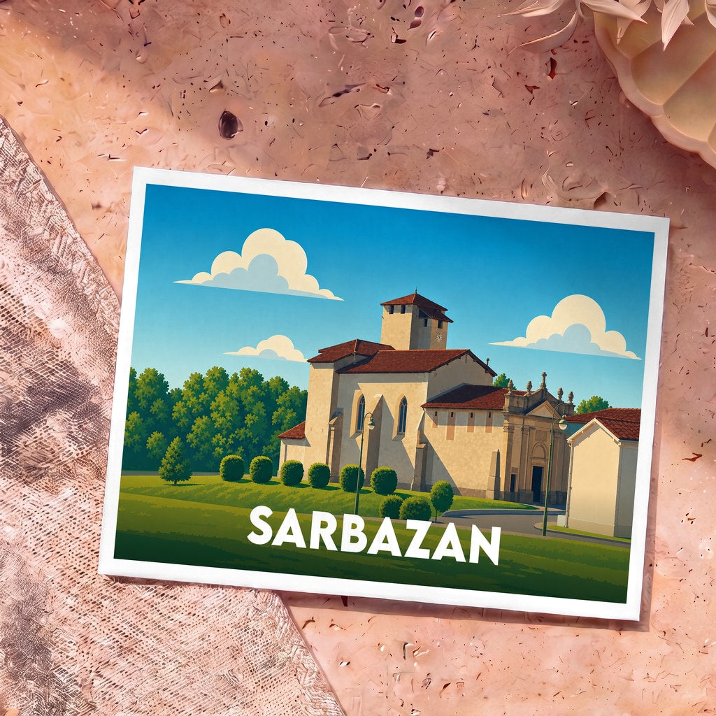 Carte postale souvenir de la ville de Sarbazan avec une illustration stylisée de son église fortifiée sous un ciel bleu.