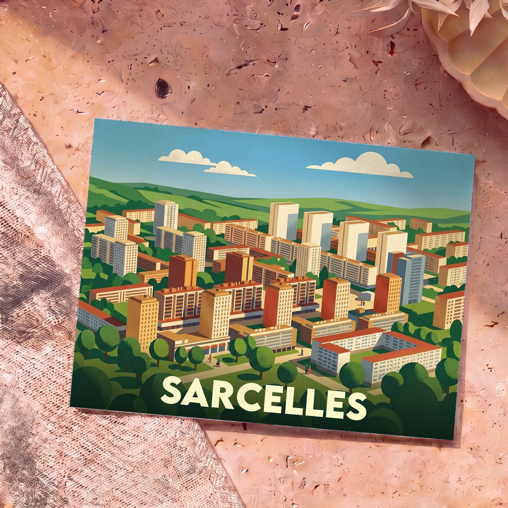 Carte postale souvenir de la ville de Sarcelles avec une illustration stylisée et colorée de ses grands ensembles.