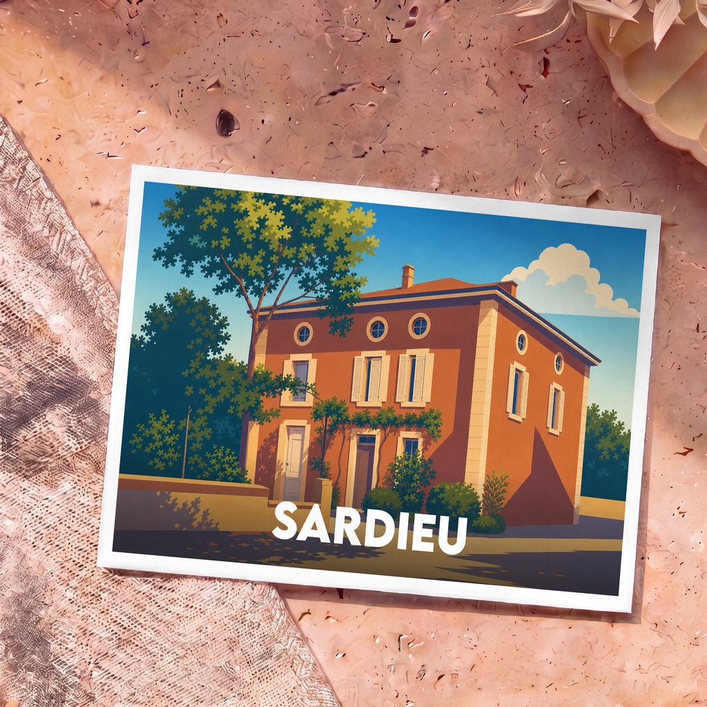 Carte postale souvenir de la ville de Sardieu avec une illustration stylisée d'une maison provençale.