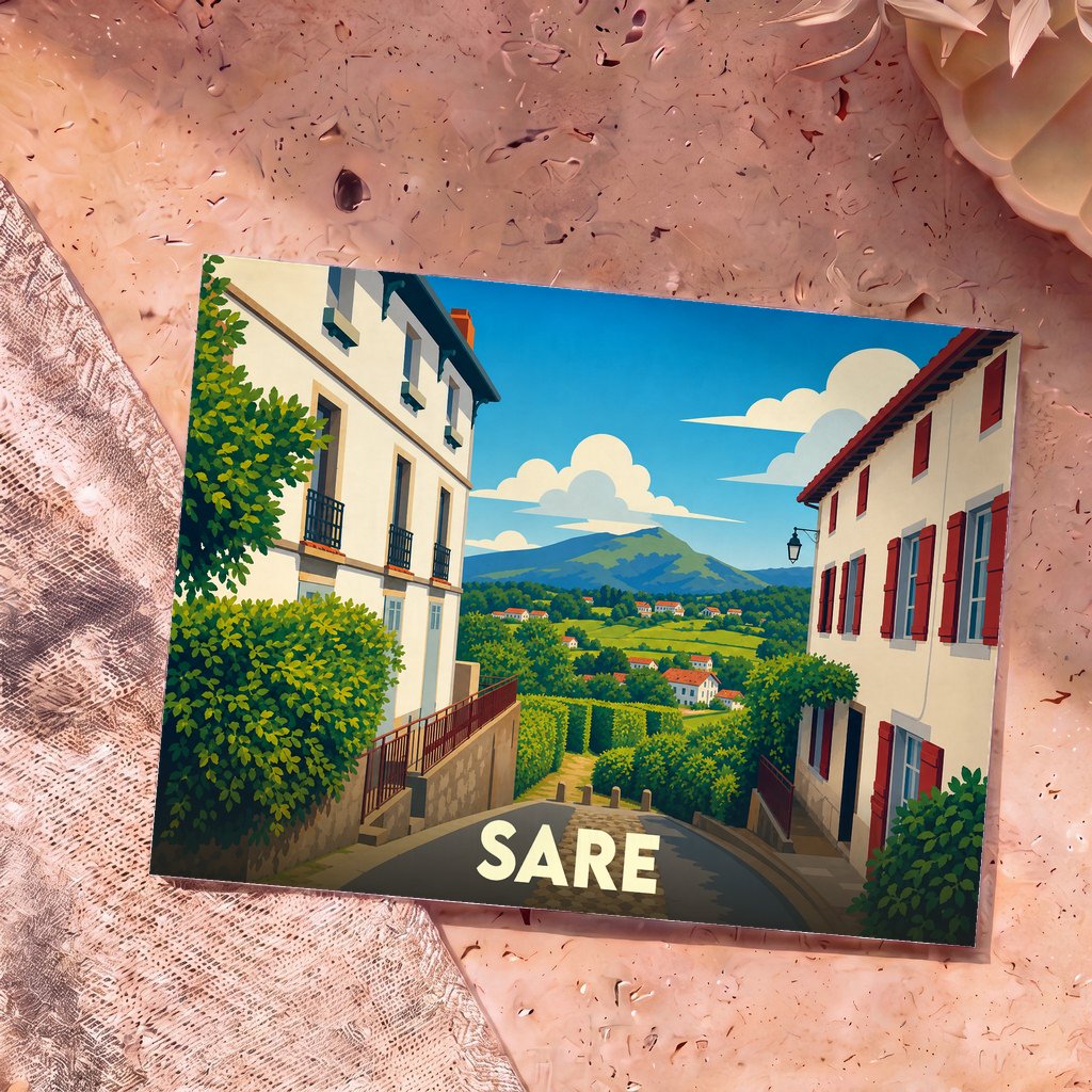 Carte postale souvenir de la ville de Sare avec une illustration stylisée de maisons basques et d'un paysage montagneux.