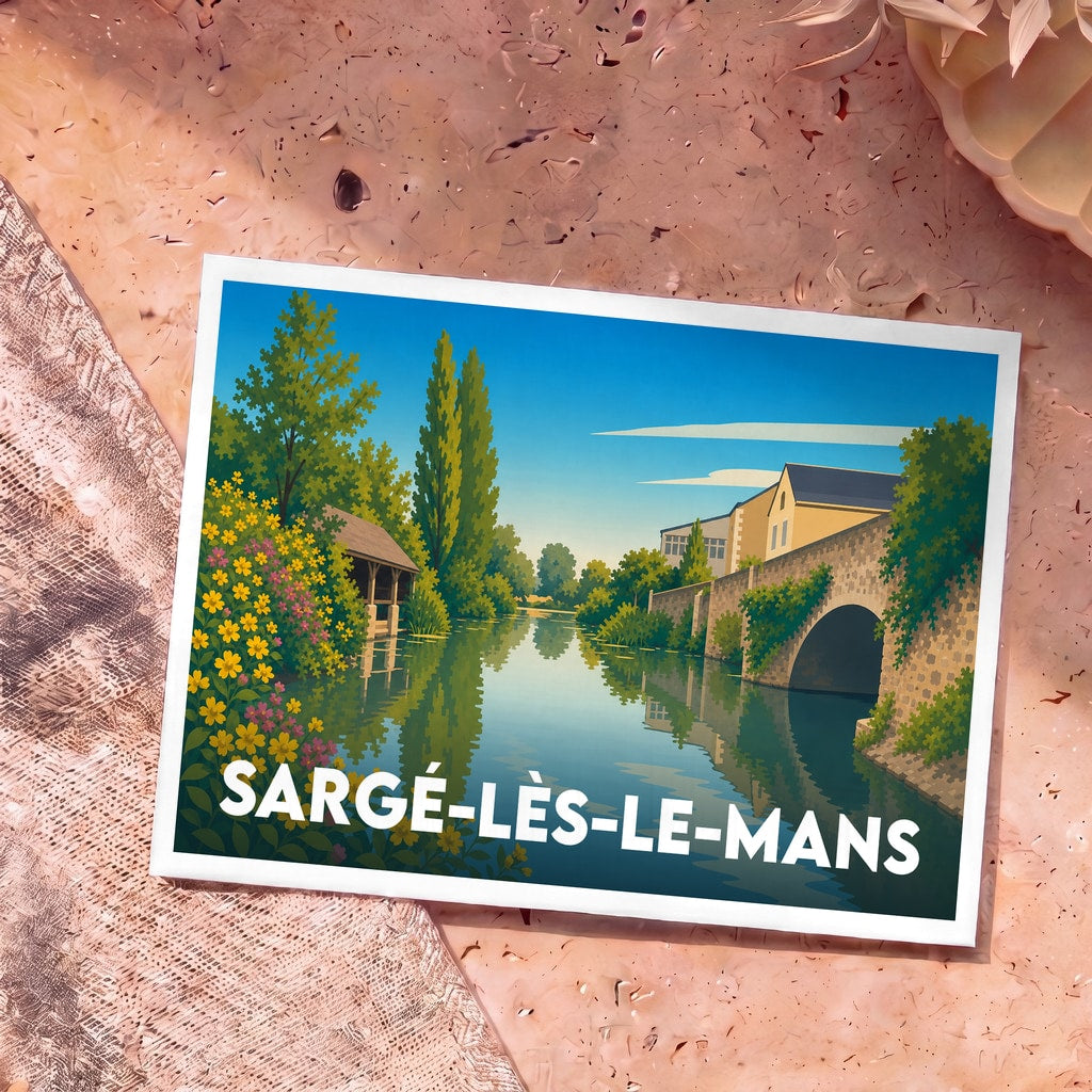 Carte postale souvenir de la ville de Sargé-lès-le-Mans avec une illustration stylisée d'un cours d'eau et de son pont.