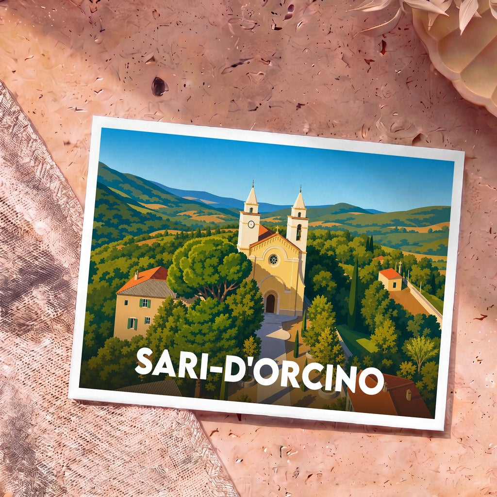 Carte postale souvenir de la ville de Sari-d'Orcino avec une illustration stylisée de son église et des paysages corses environnants.