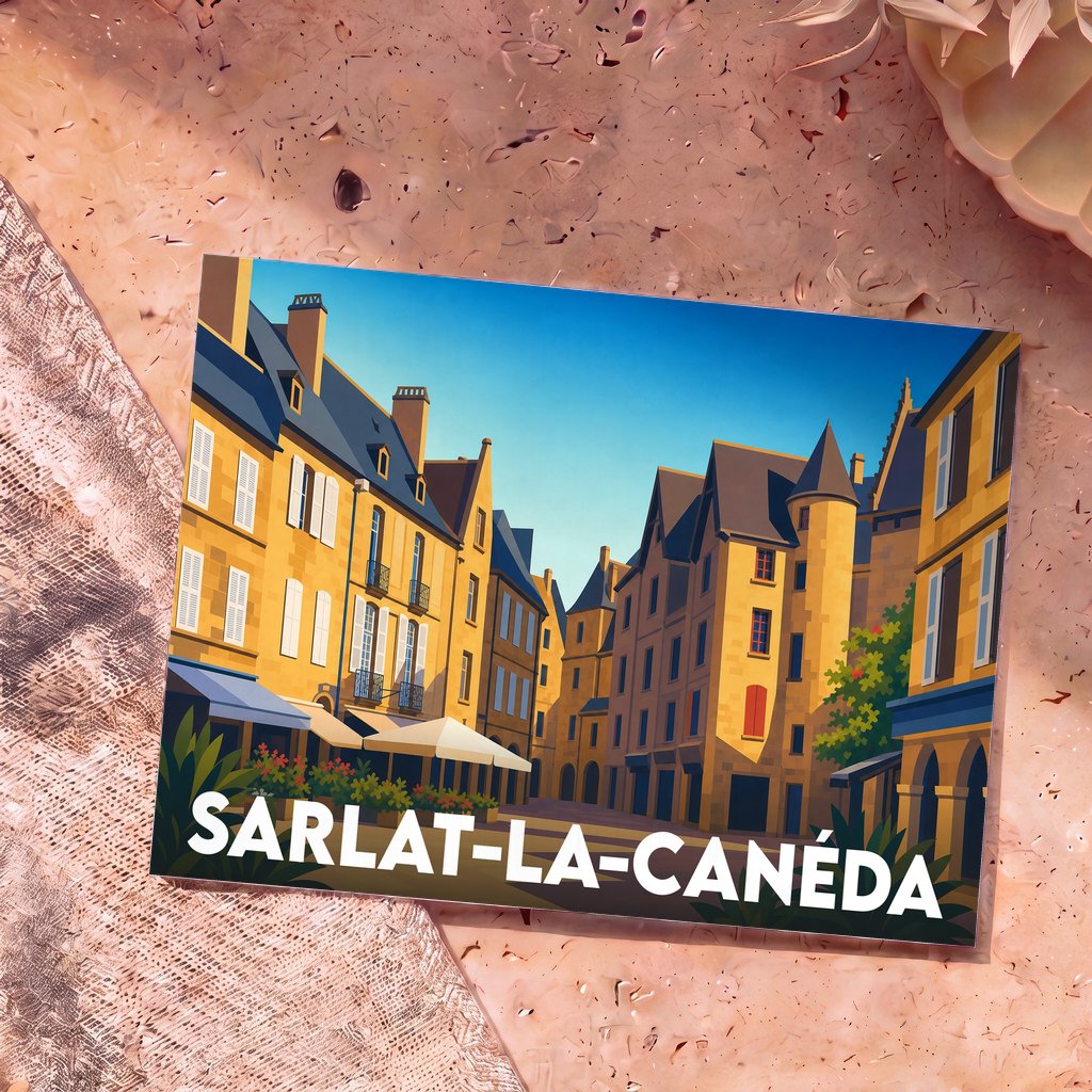 Carte postale souvenir de la ville de Sarlat-la-Canéda avec une illustration stylisée de ses ruelles médiévales.