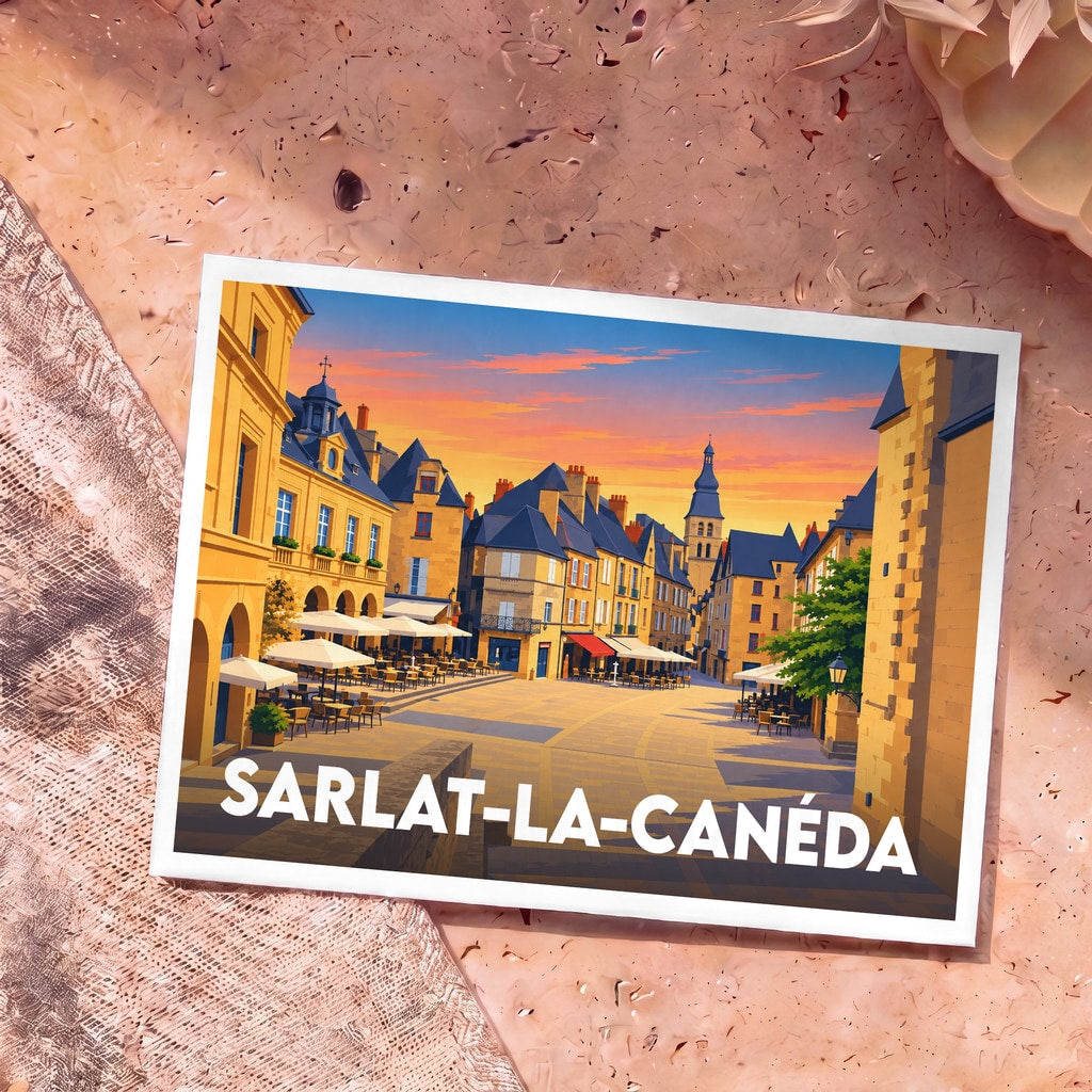 Carte postale souvenir de la ville de Sarlat-la-Canéda avec une illustration colorée de sa place médiévale au coucher du soleil.