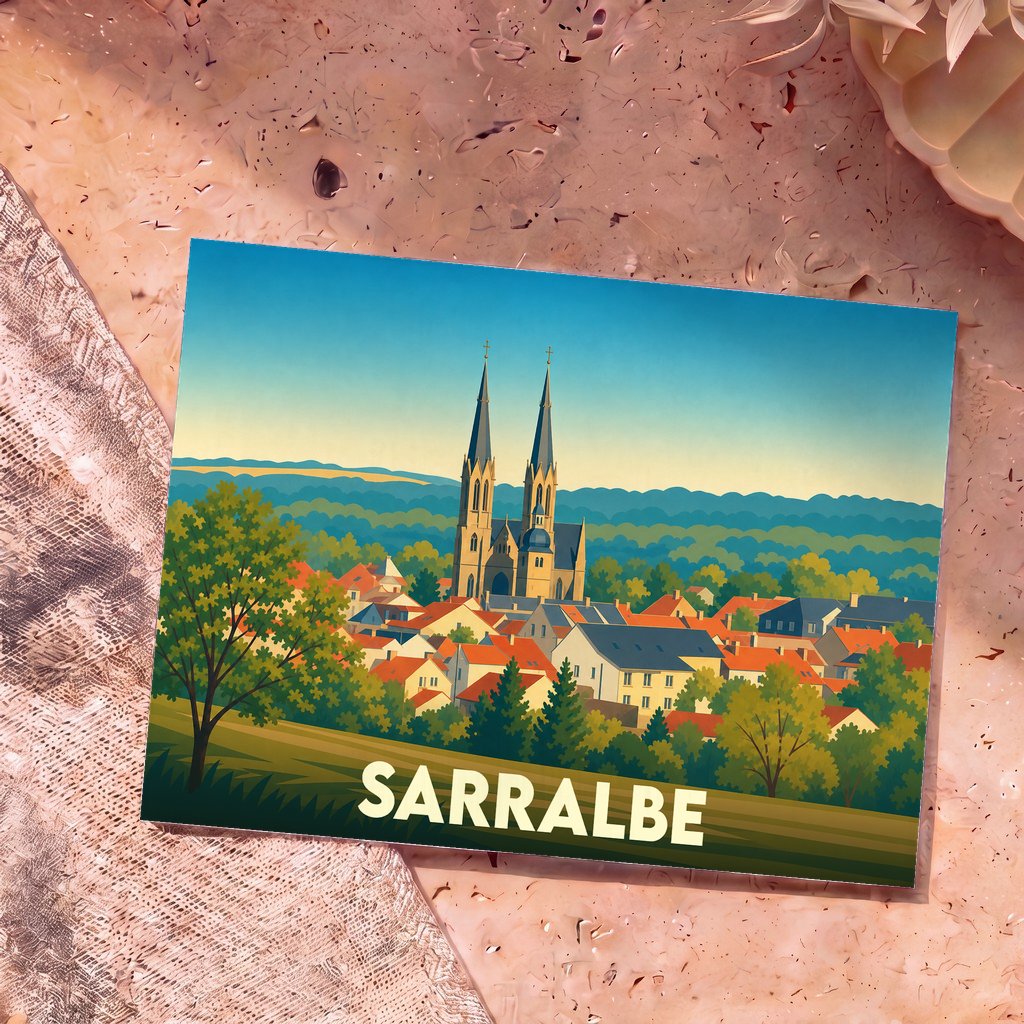 Carte postale souvenir de la ville de Sarralbe avec une illustration stylisée de son église et de ses toits.