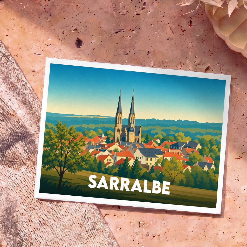 Carte postale souvenir de la ville de Sarralbe avec une illustration stylisée de son église et de ses toits.